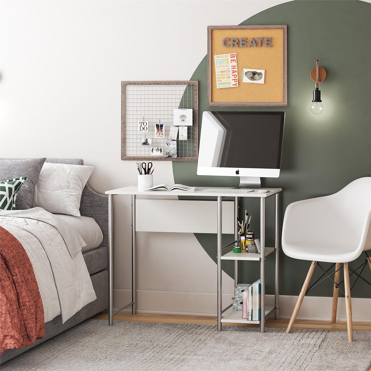 Meridian Metal Student Computer Desk With 2 Side Storage Shelves - White