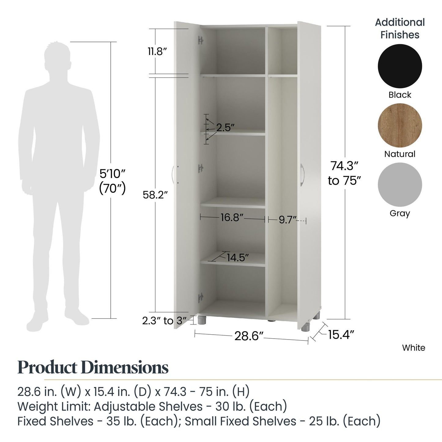 Basin Tall Asymmetrical Storage Cabinet with Adjustable Shelving and Feet - Natural