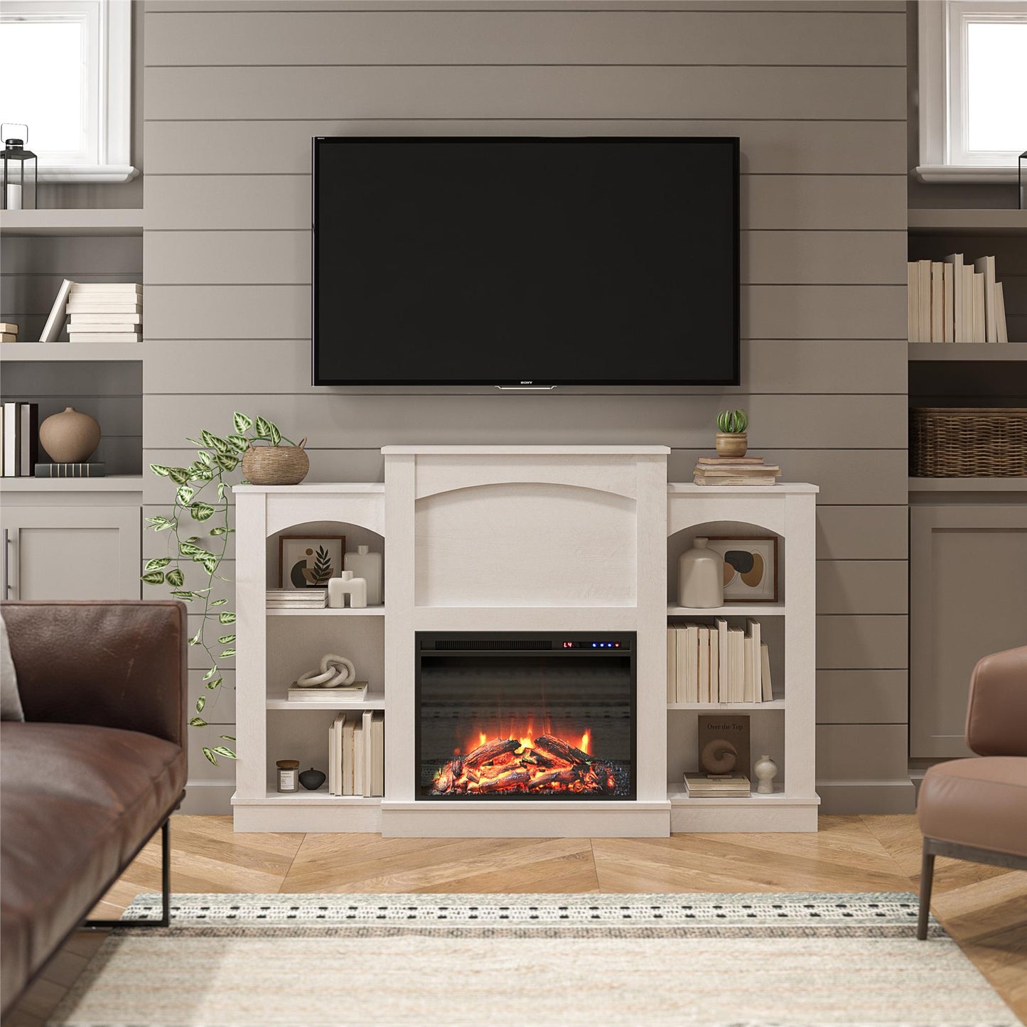 Hawke's Bay Electric Fireplace Mantel with Bookshelves - Ivory Oak