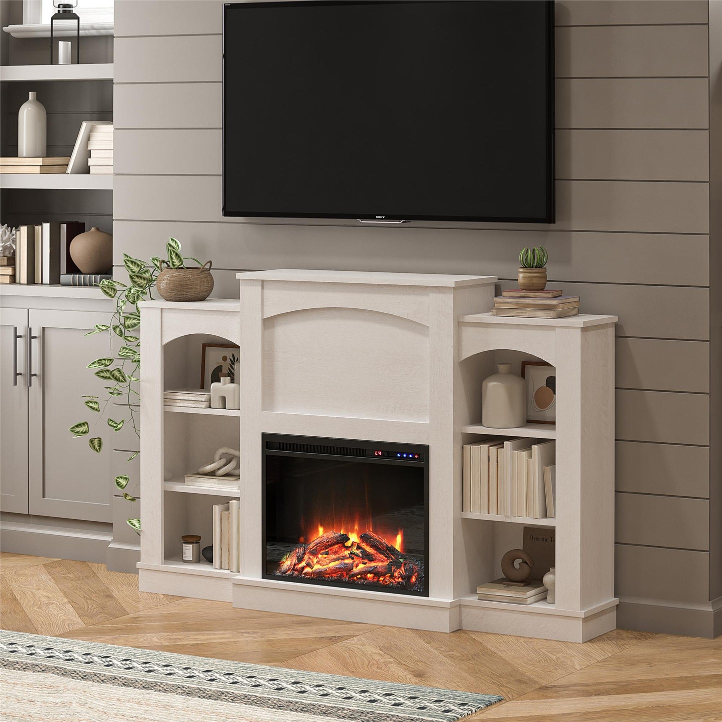 Hawke's Bay Electric Fireplace Mantel with Bookshelves - Ivory Oak
