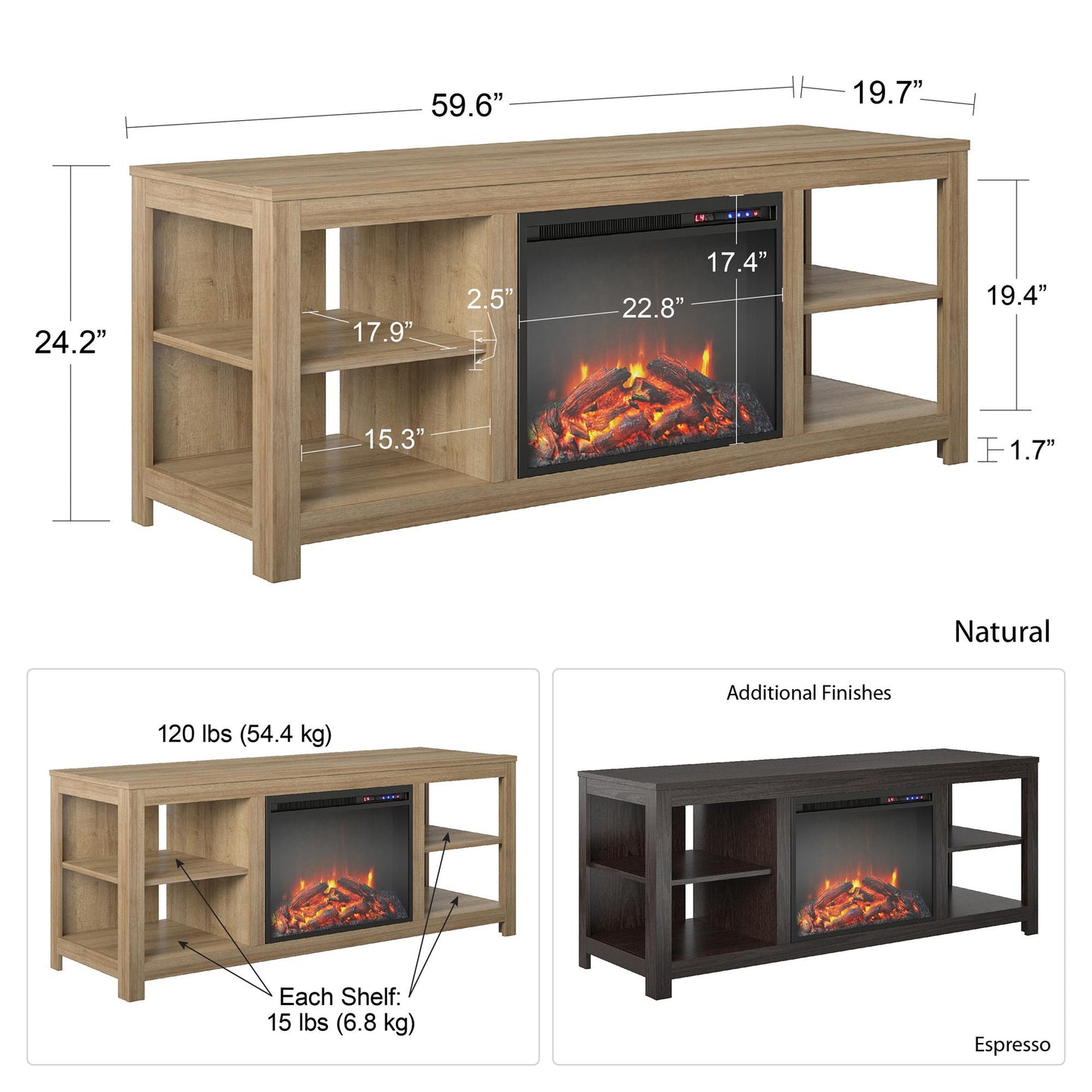 Melville Electric Fireplace Console TV Stand for TVs up to 74" - Natural