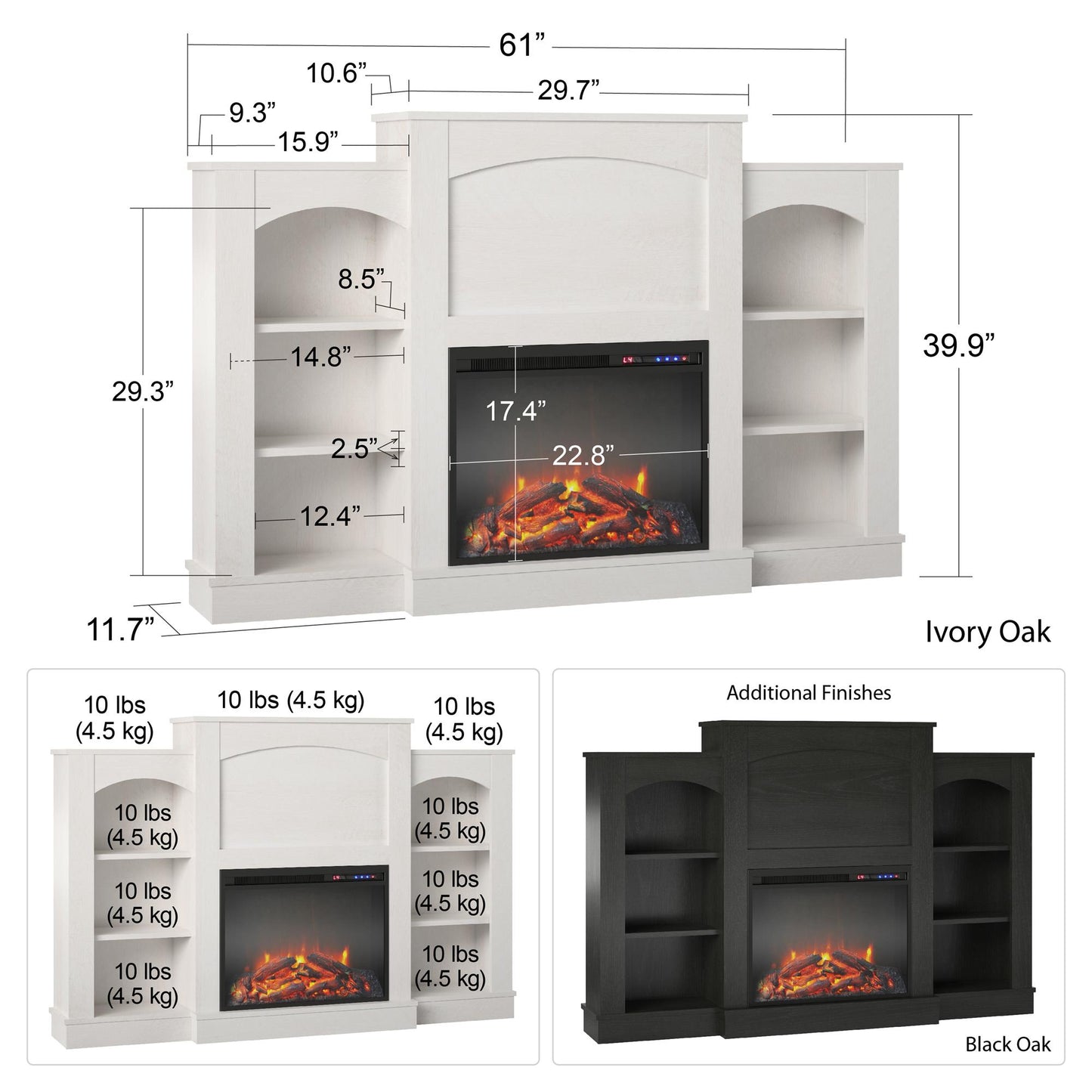 Hawke's Bay Electric Fireplace Mantel with Bookshelves - Ivory Oak