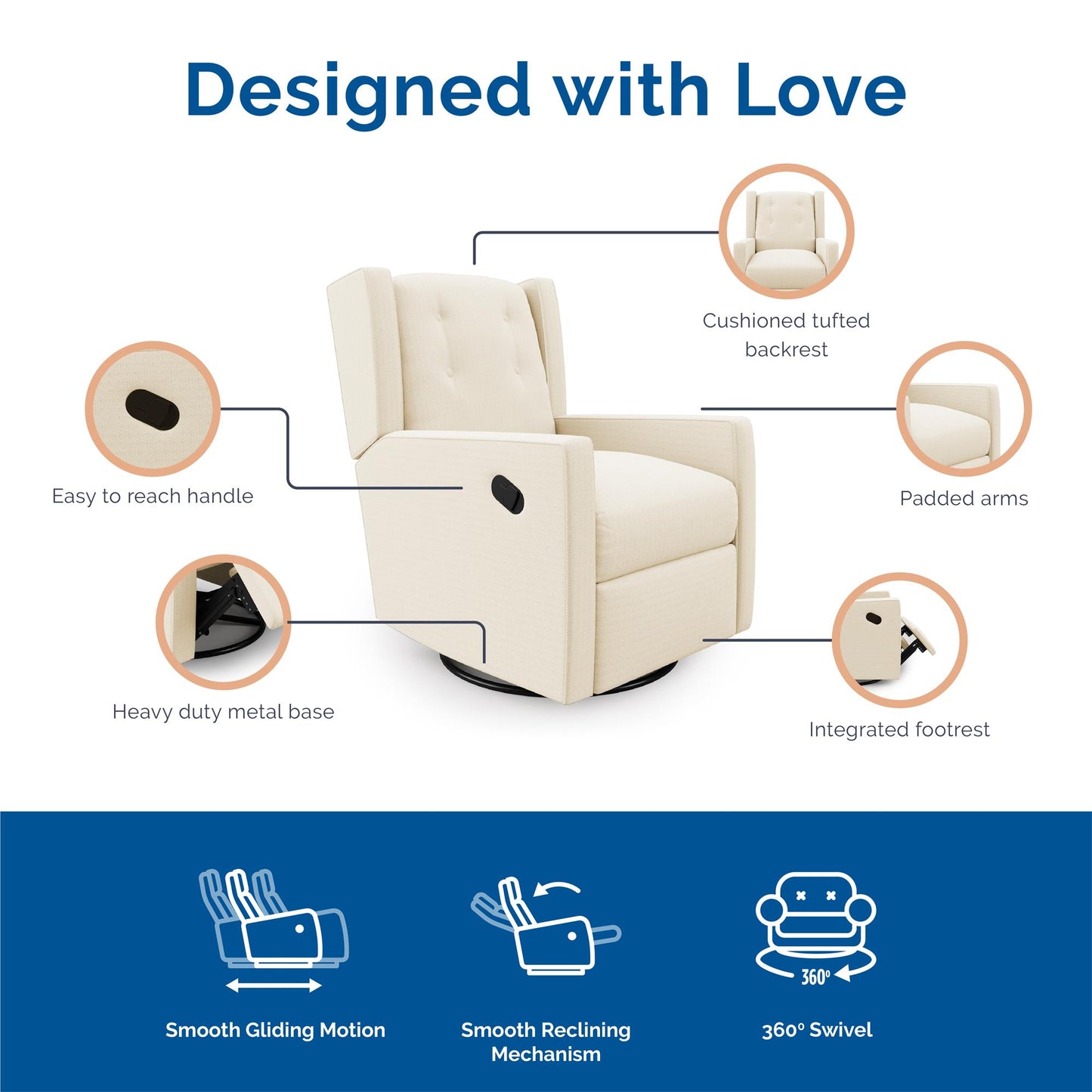 Mikayla Swivel Glider Recliner Chair Pocket Coil Seating - White