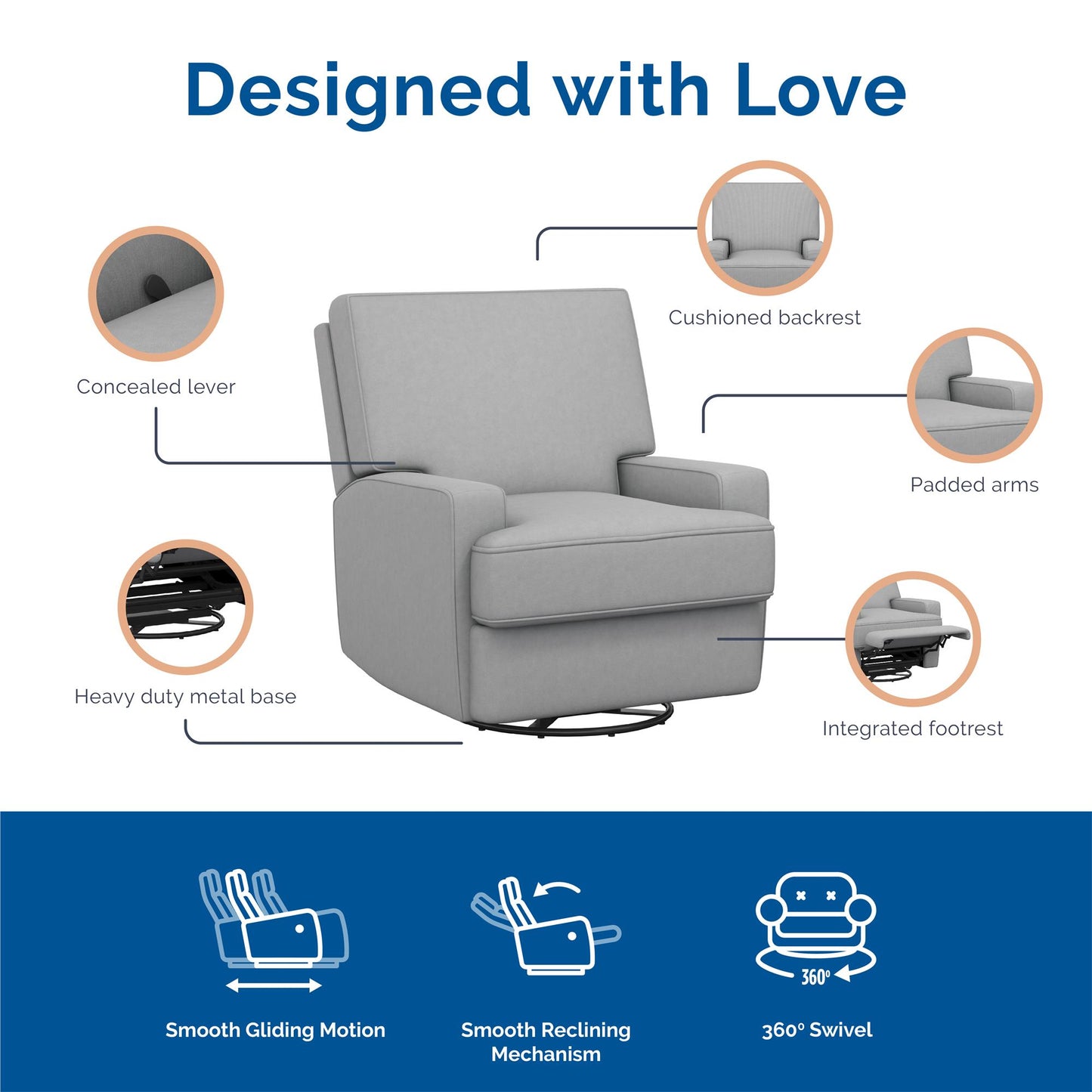 Rylan Upholstered Swivel Glider Recliner Chair with Square Back - Gray