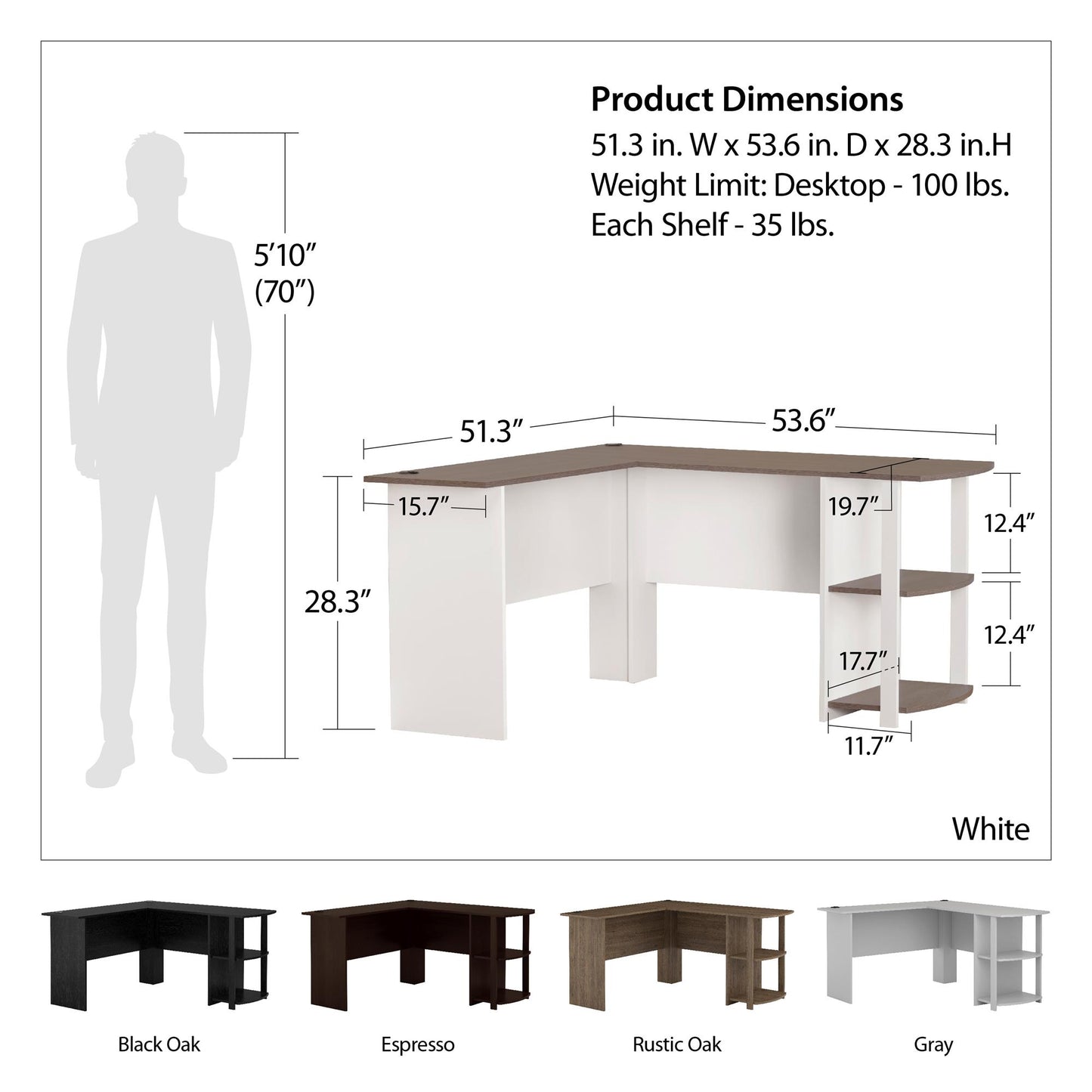 Dakota Computer L Desk with Side Bookshelf and Large Worksurface - White