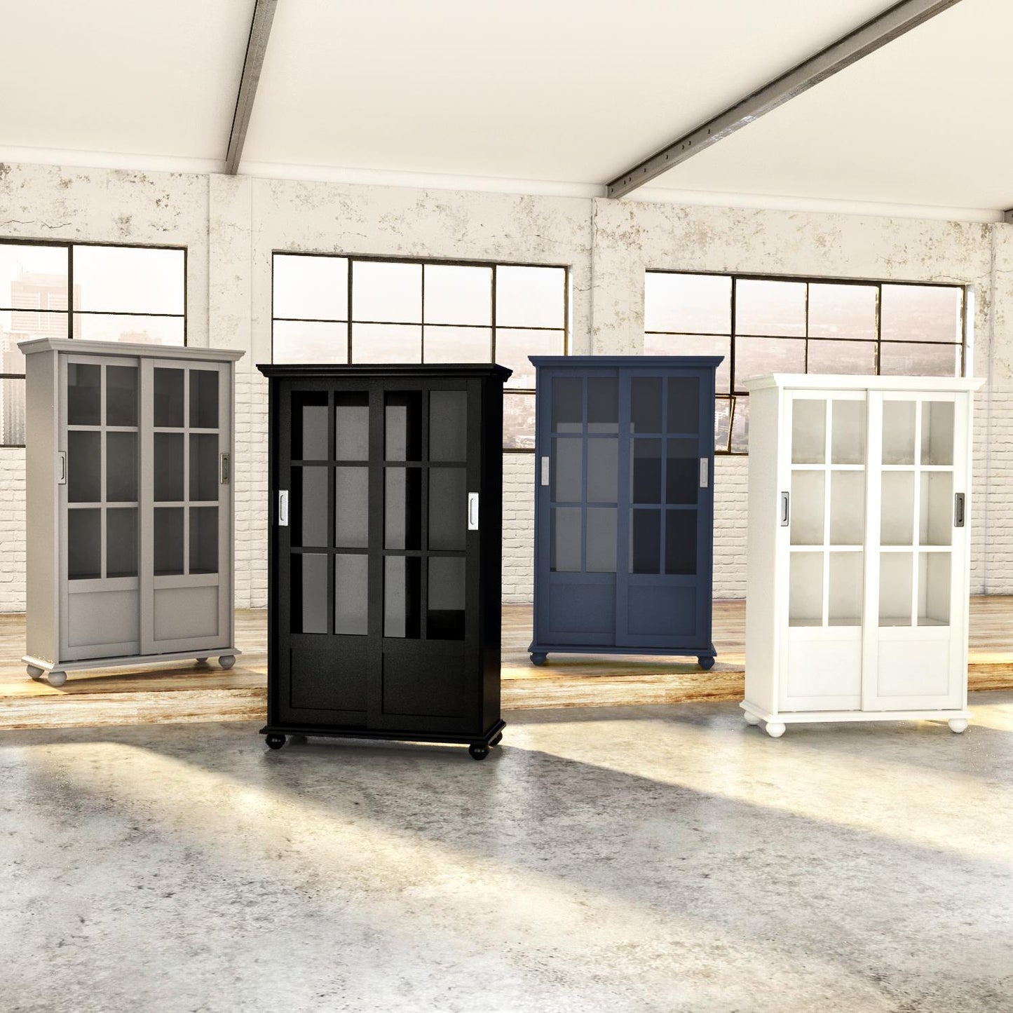 Aaron Lane Tall Bookcase with 2 Sliding Glass Doors - Blue