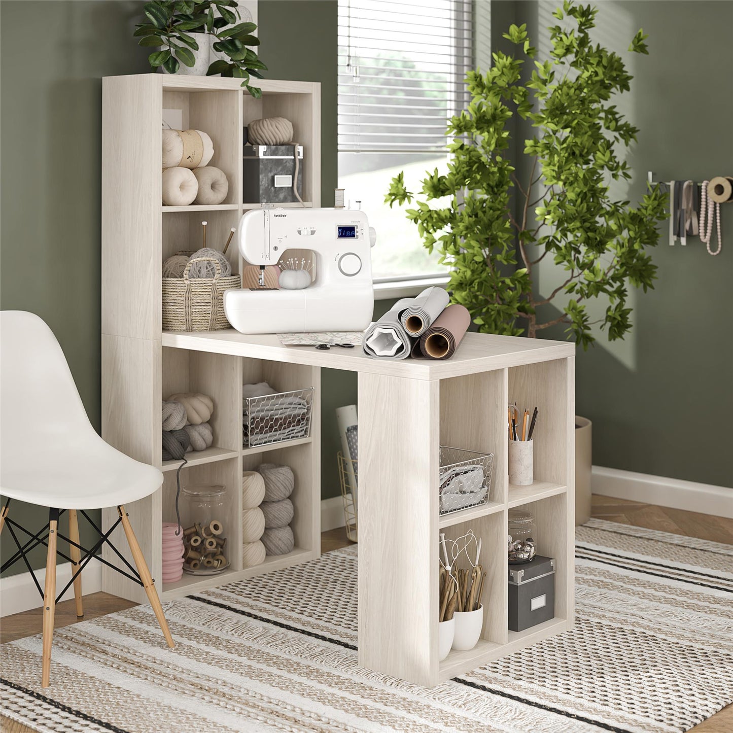 London Hobby Bookcase and Crafting Desk with Cubbies - Ivory Oak