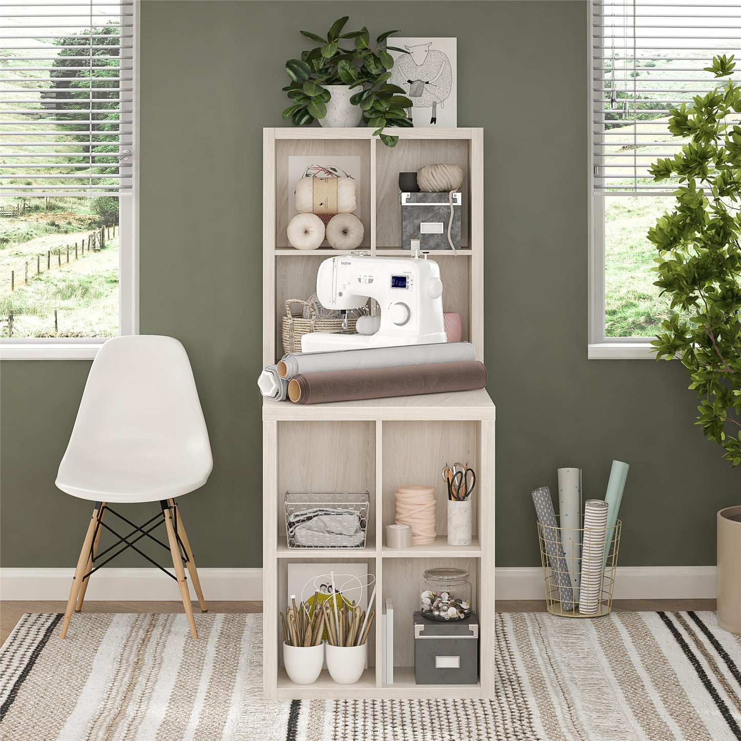 London Hobby Bookcase and Crafting Desk with Cubbies - Ivory Oak