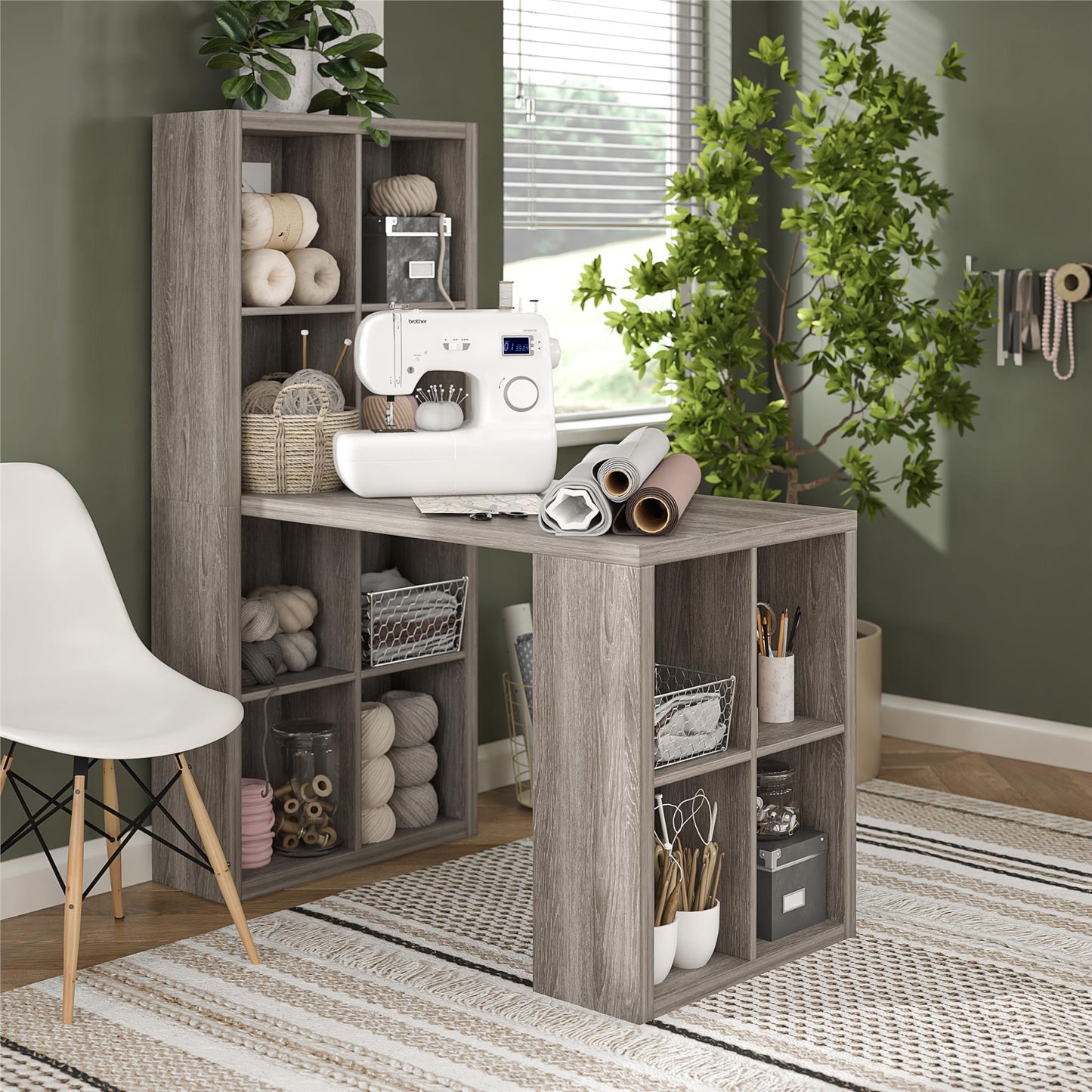 London Hobby Bookcase and Crafting Desk with Cubbies - Gray Oak