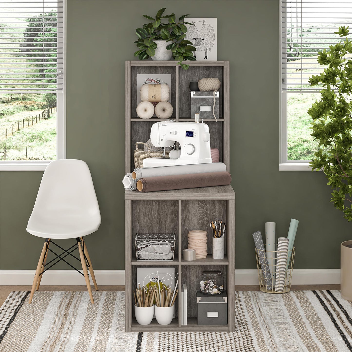 London Hobby Bookcase and Crafting Desk with Cubbies - Gray Oak
