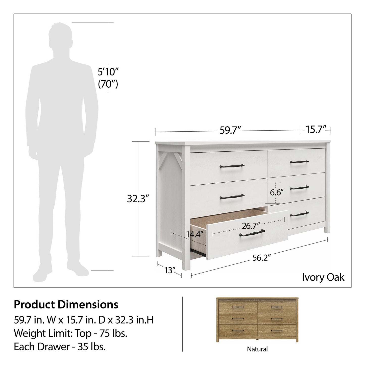 Augusta 6 Drawer Wide Dresser with Easy SwitchLock™ Assembly, Ivory Oak - Ivory Oak