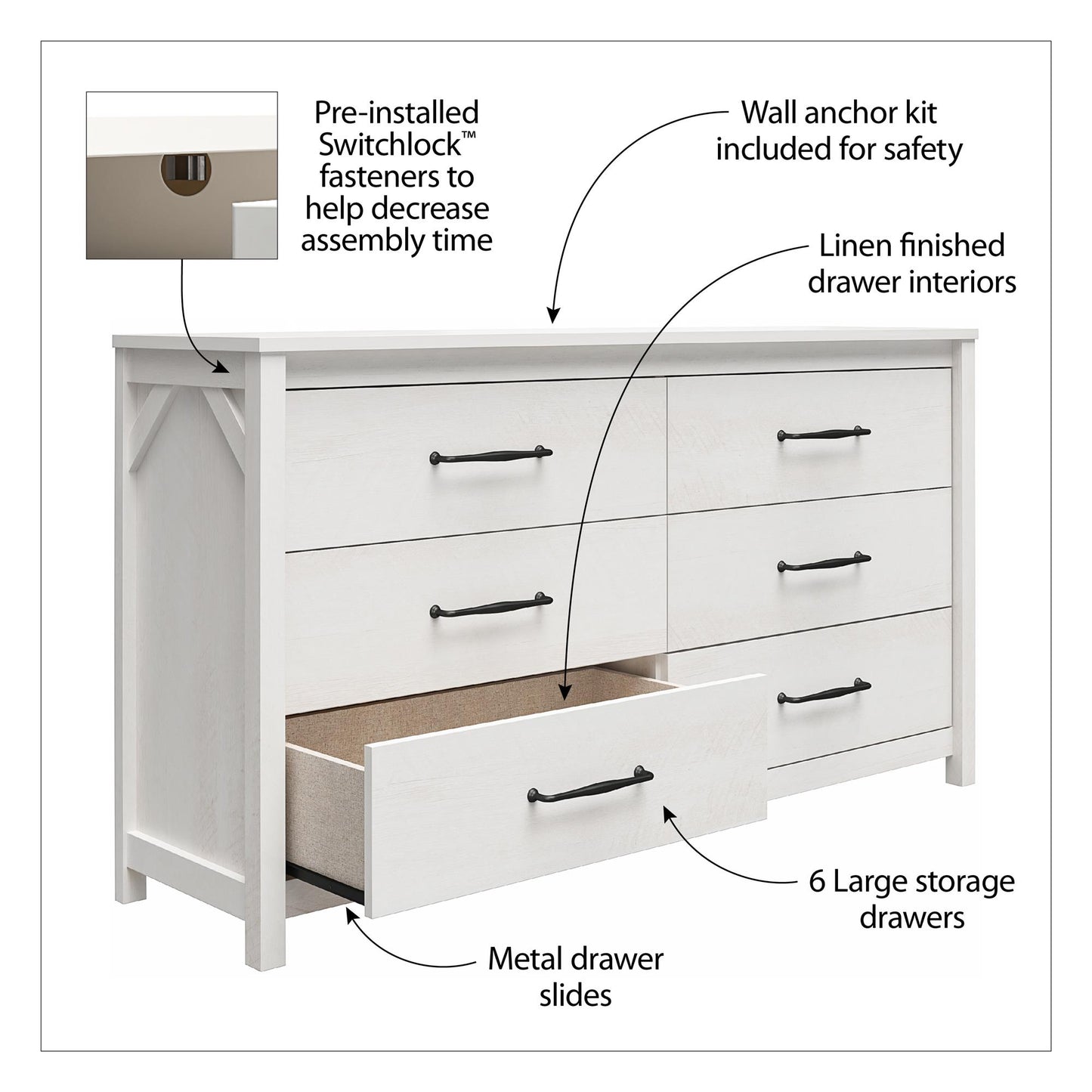 Augusta 6 Drawer Wide Dresser with Easy SwitchLock™ Assembly, Ivory Oak - Ivory Oak