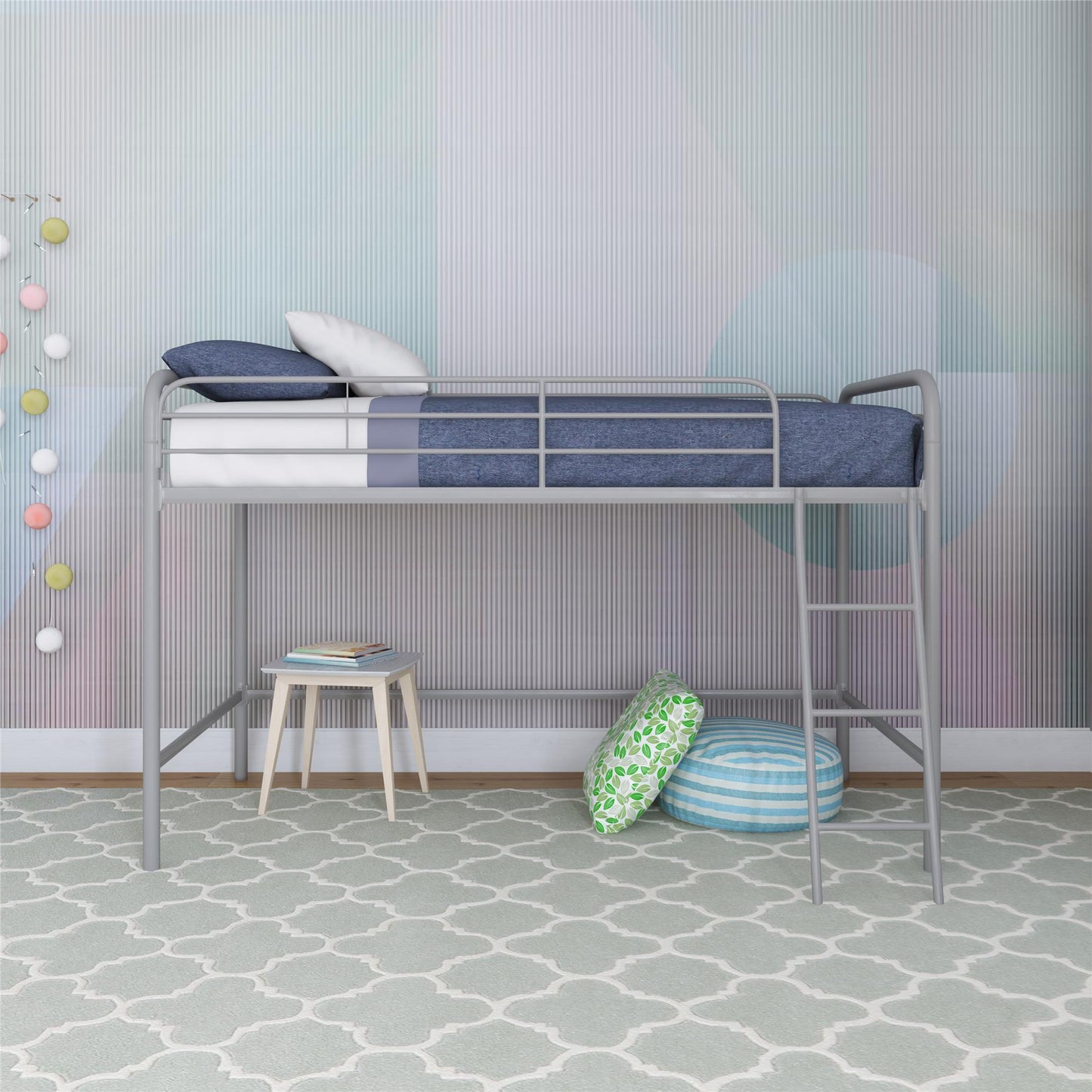 Jett Junior Loft Bed with Metal Frame and Built-In Ladder - Silver - Twin