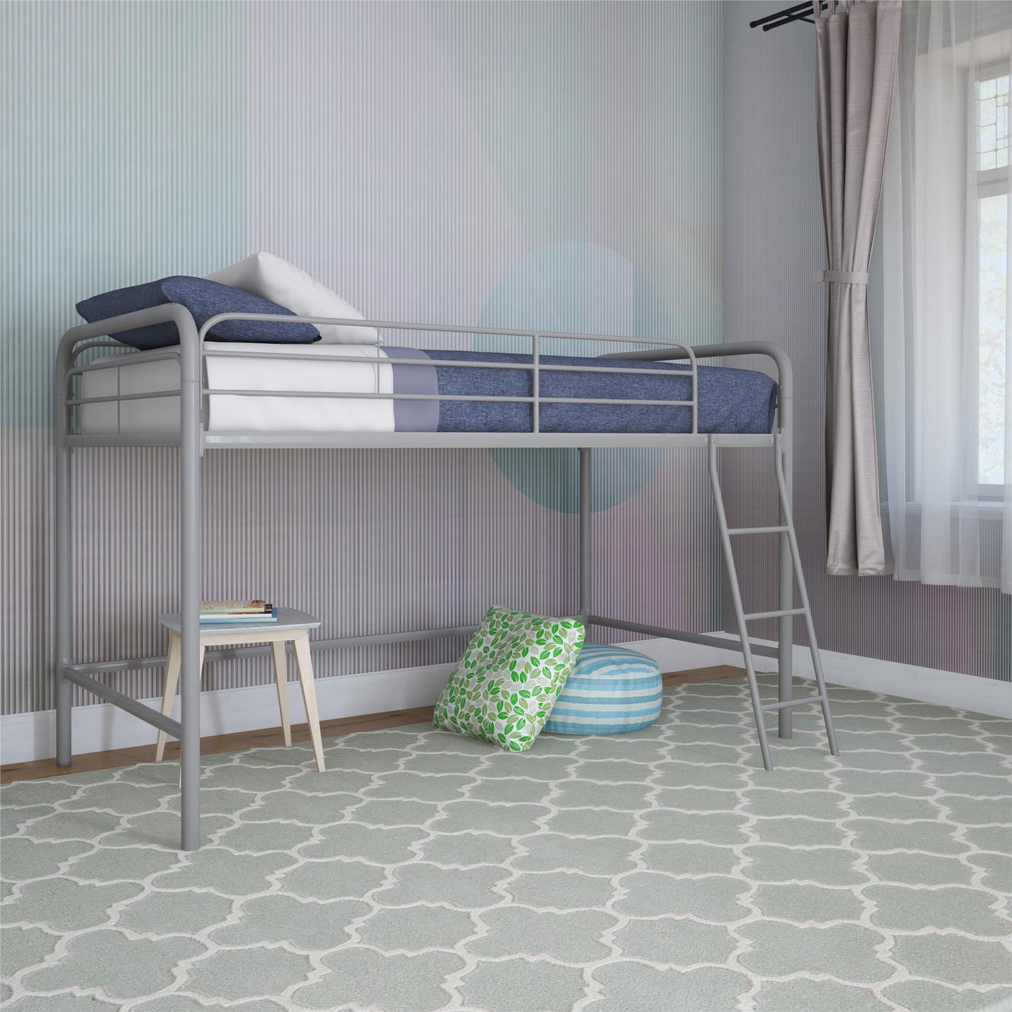 Jett Junior Loft Bed with Metal Frame and Built-In Ladder - Silver - Twin