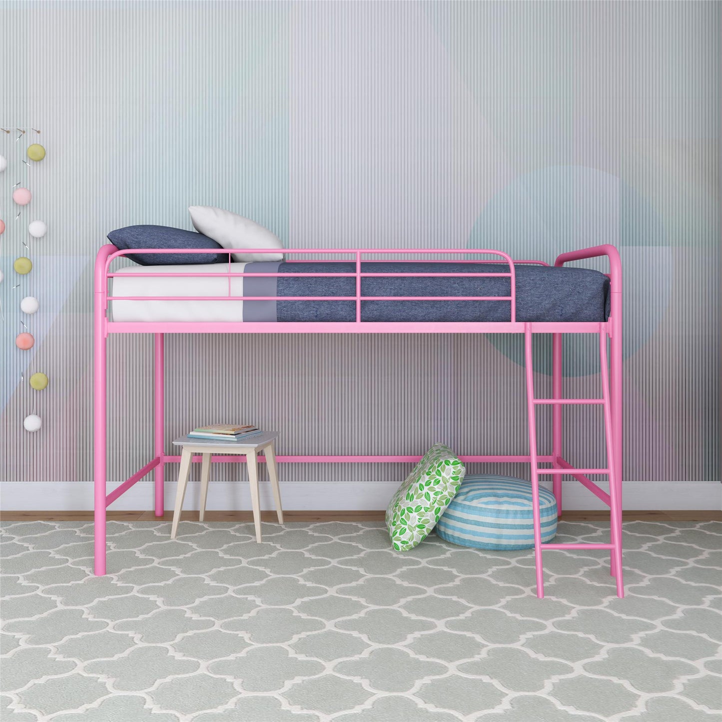 Jett Junior Loft Bed with Metal Frame and Built-In Ladder - Pink - Twin