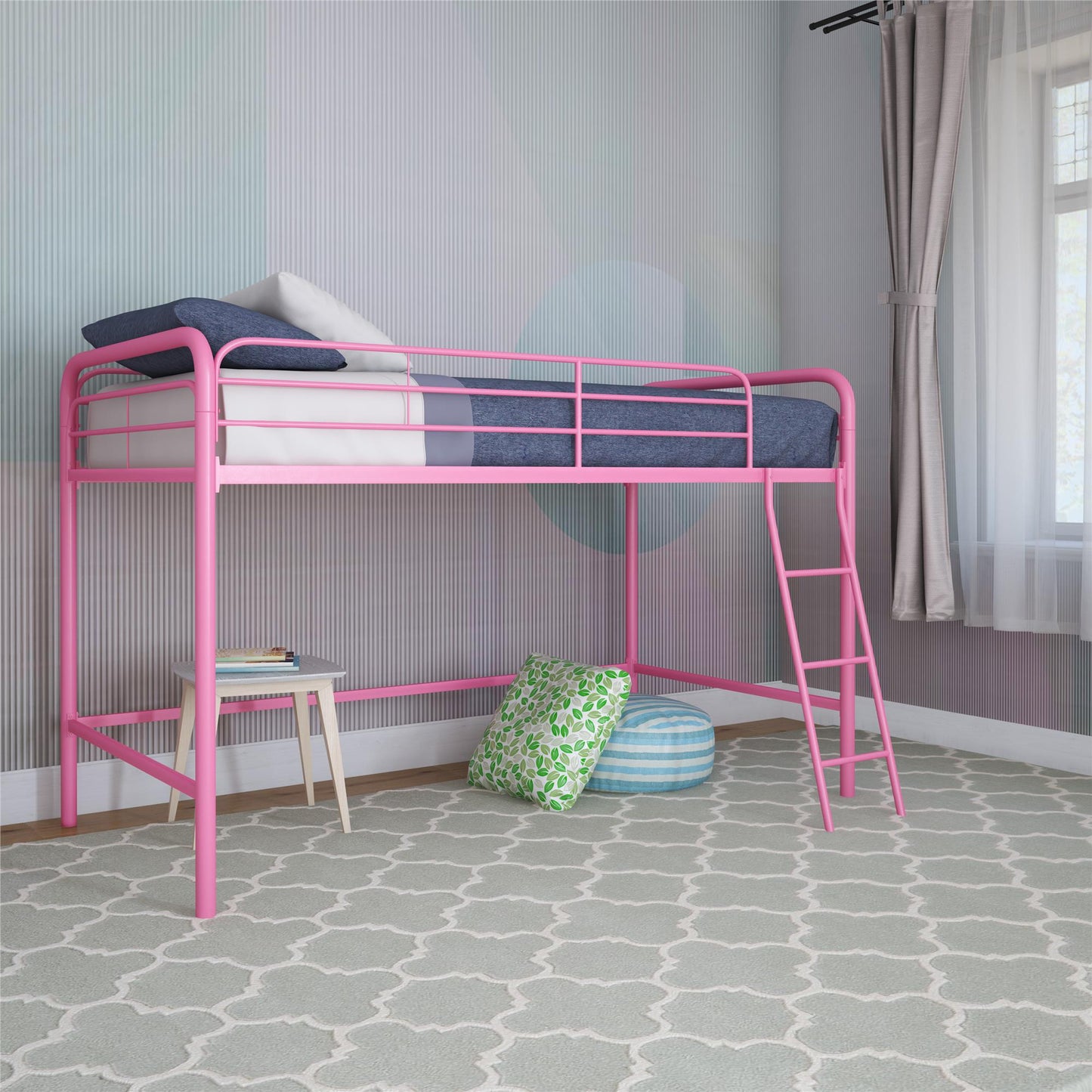 Jett Junior Loft Bed with Metal Frame and Built-In Ladder - Pink - Twin