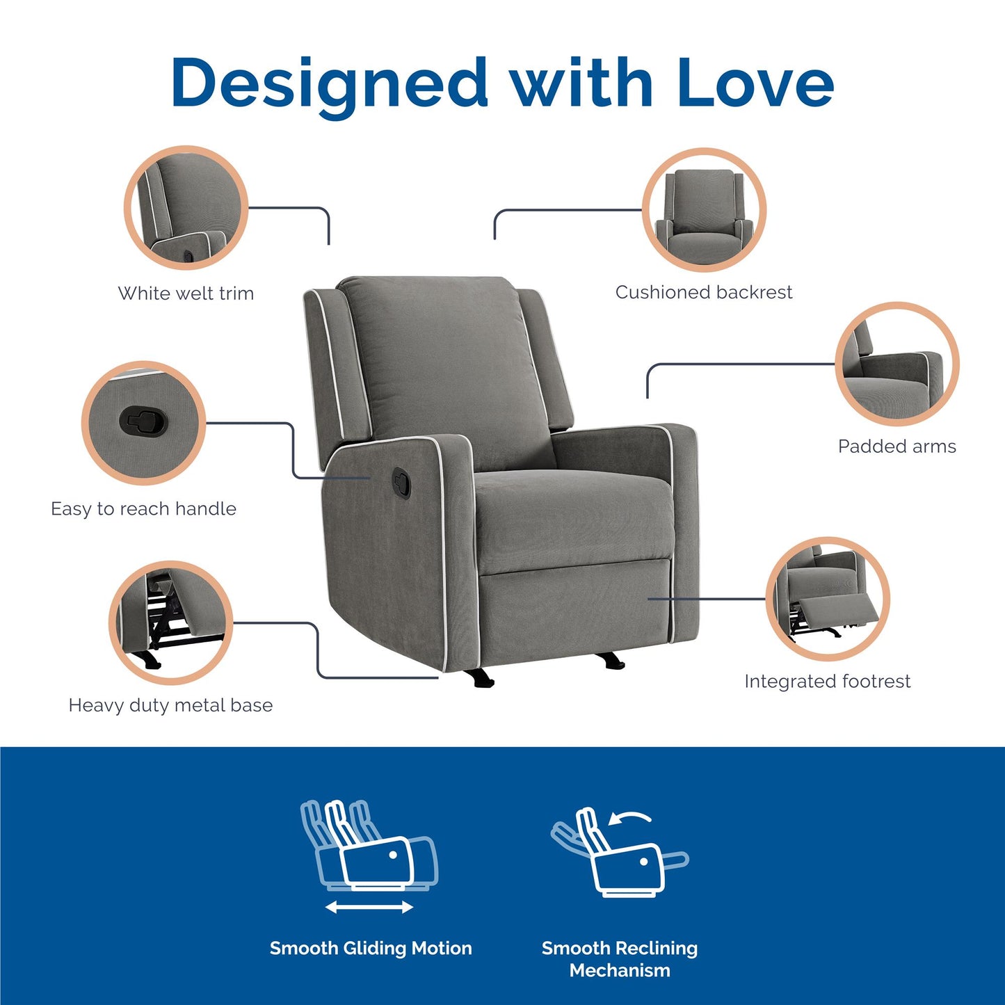 Robyn Upholstered Rocker Recliner Chair with White Trim Detail - Graphite Grey
