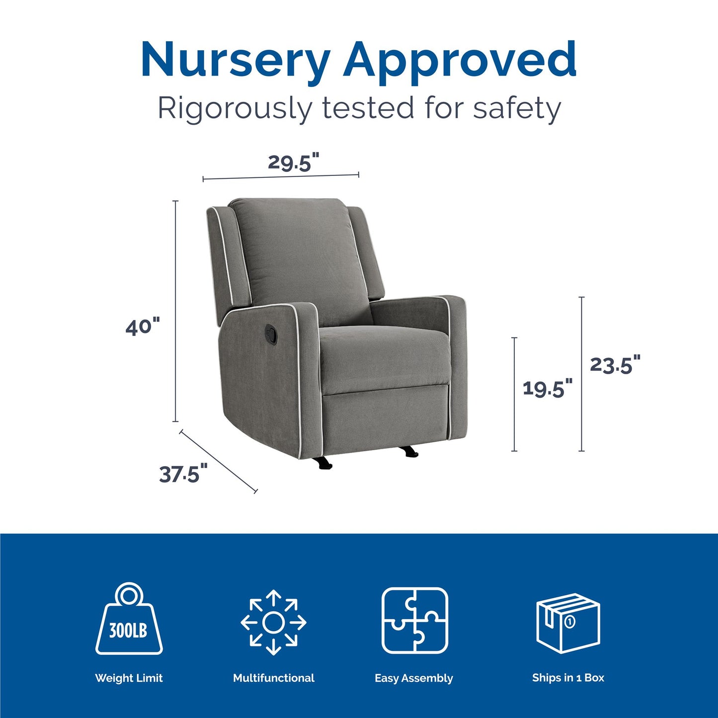Robyn Upholstered Rocker Recliner Chair with White Trim Detail - Graphite Grey