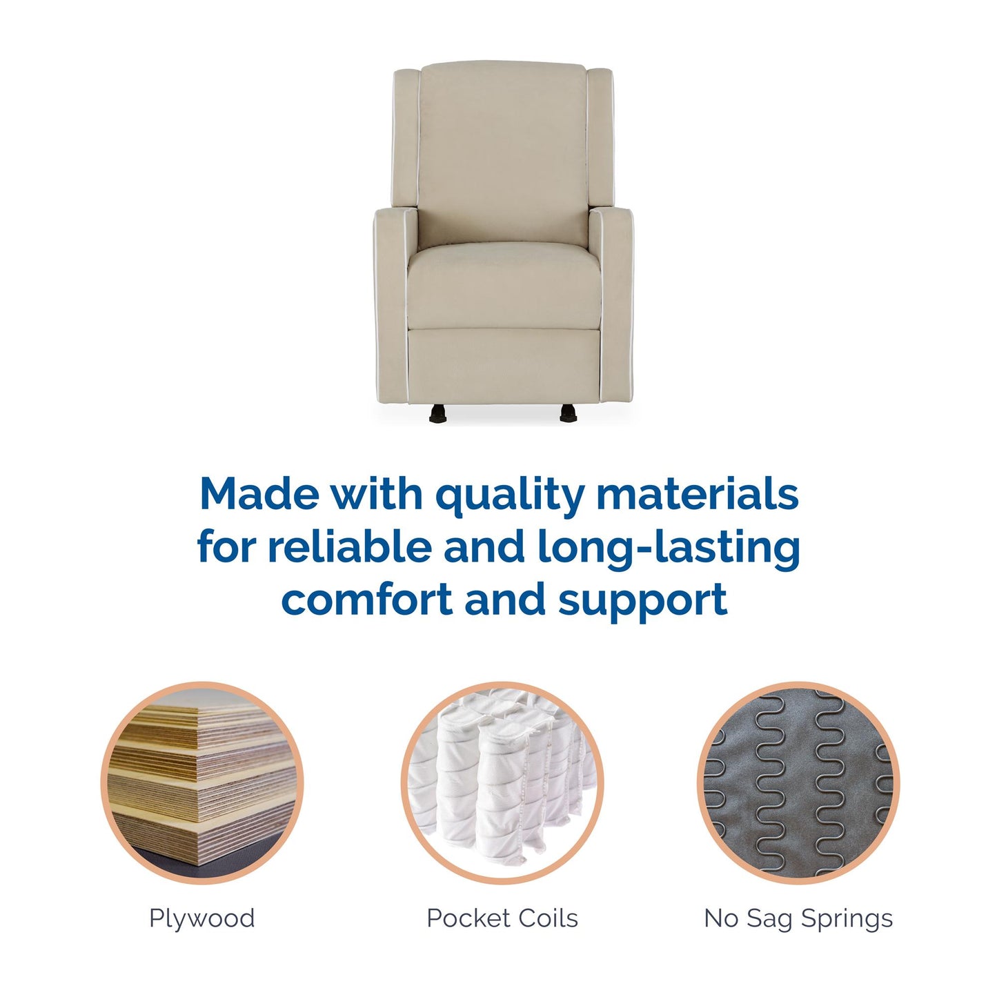 Robyn Upholstered Rocker Recliner Chair with White Trim Detail - Beige