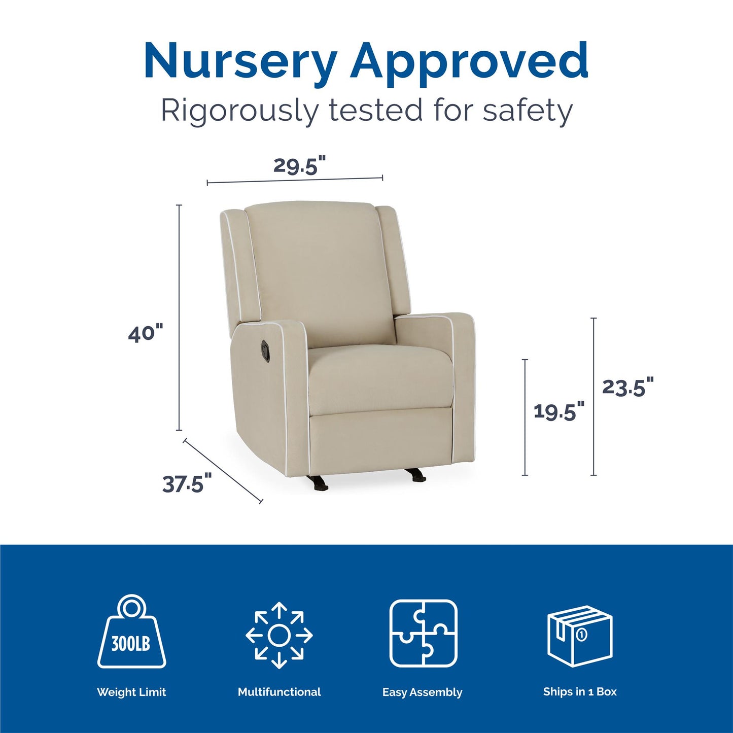 Robyn Upholstered Rocker Recliner Chair with White Trim Detail - Beige