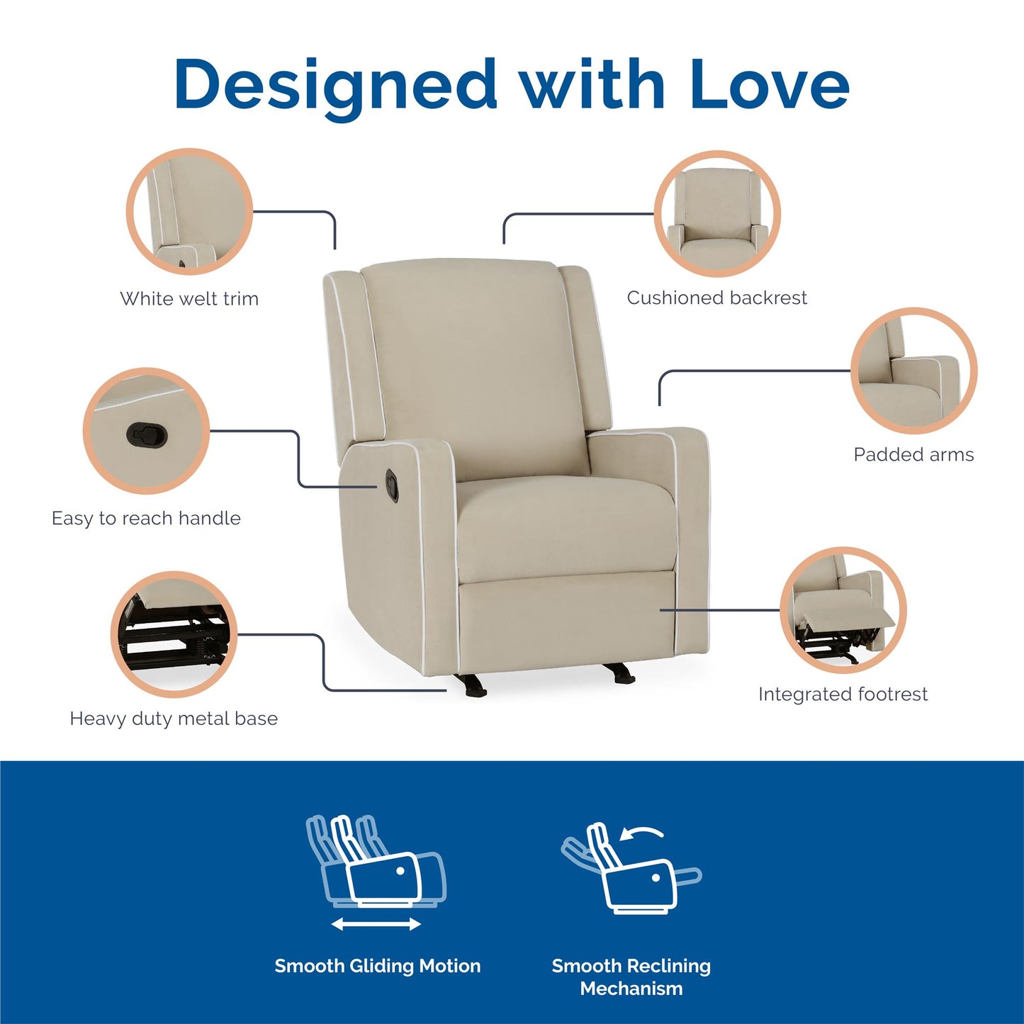 Robyn Upholstered Rocker Recliner Chair with White Trim Detail - Beige