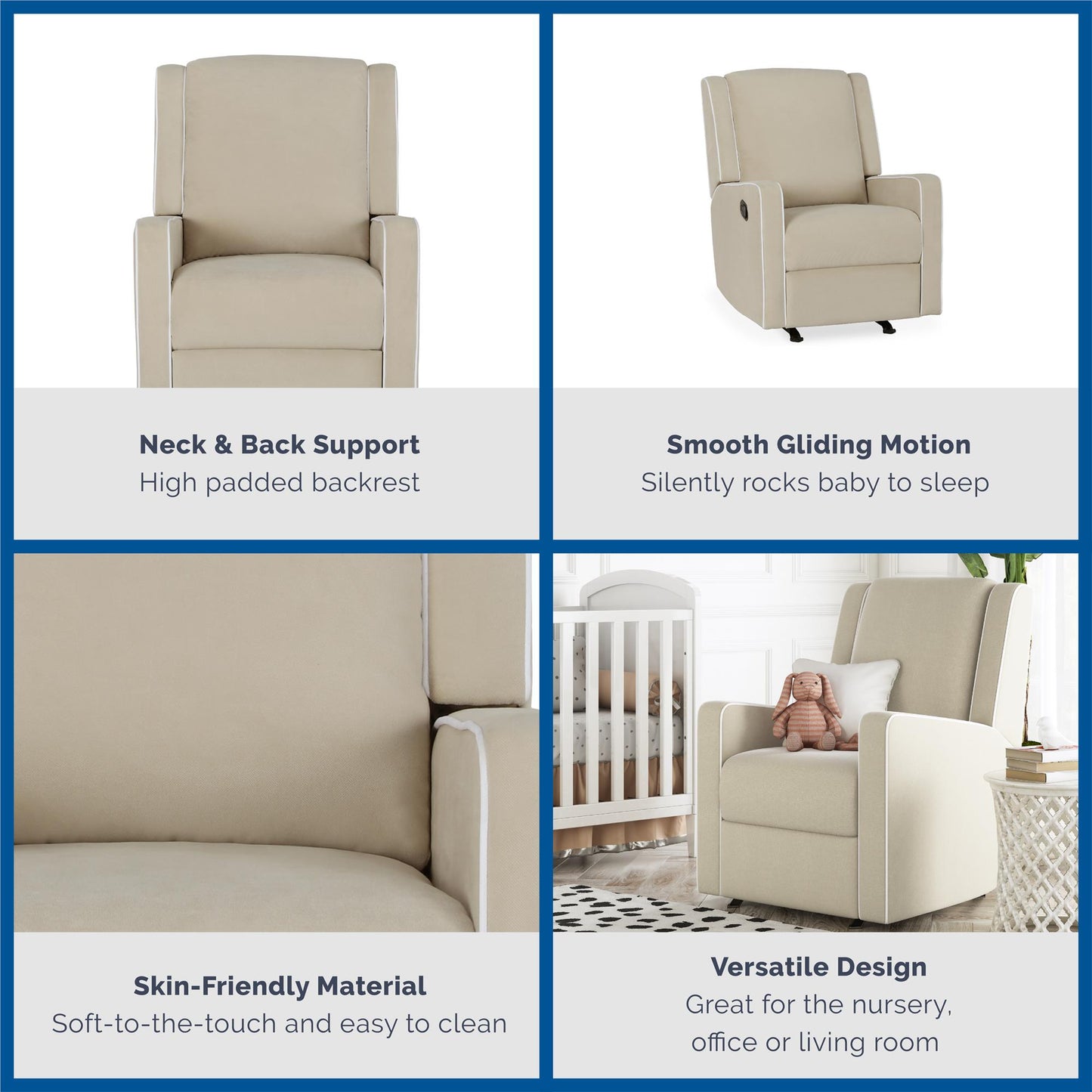 Robyn Upholstered Rocker Recliner Chair with White Trim Detail - Beige