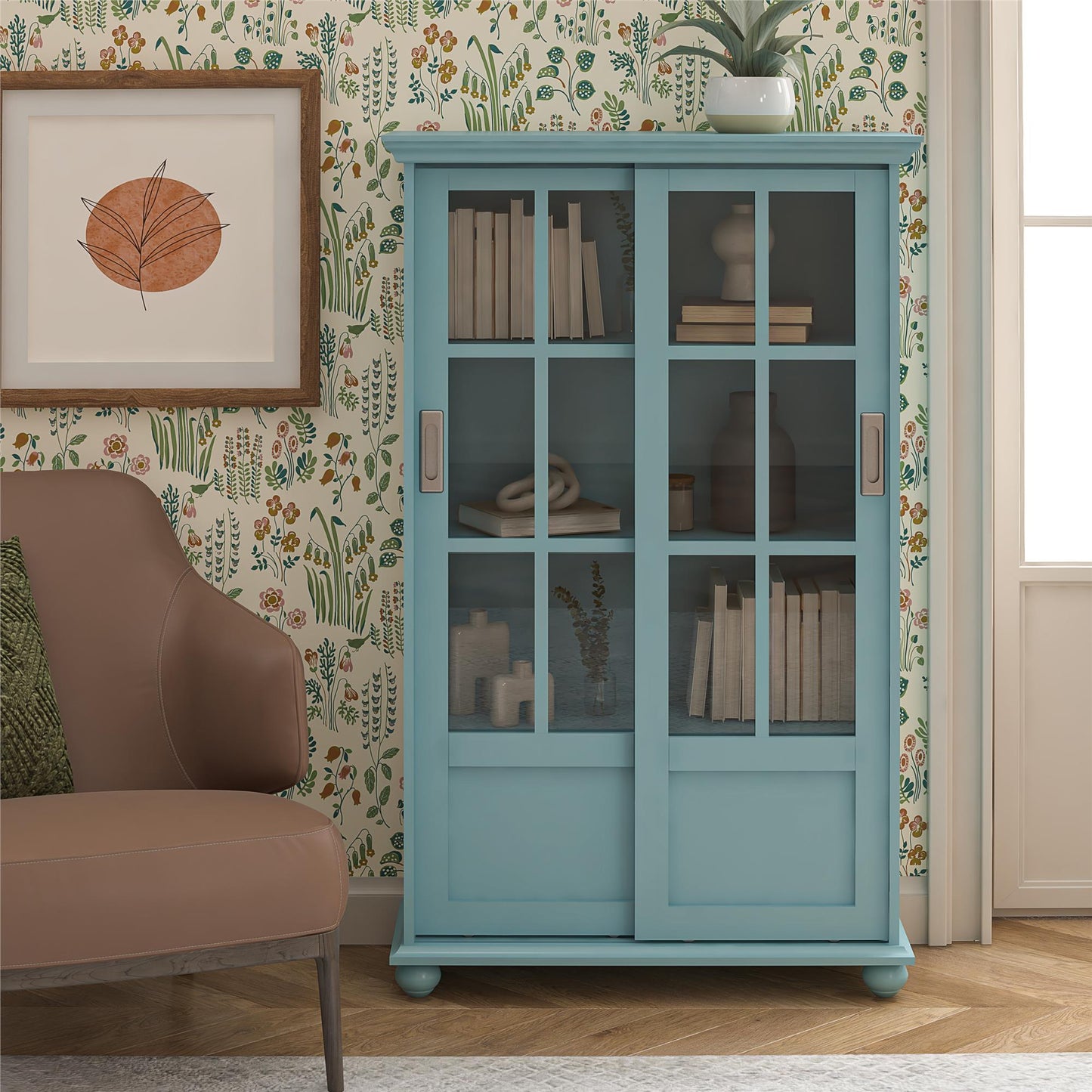 Aaron Lane Tall Bookcase with 2 Sliding Glass Doors - Sea Blue