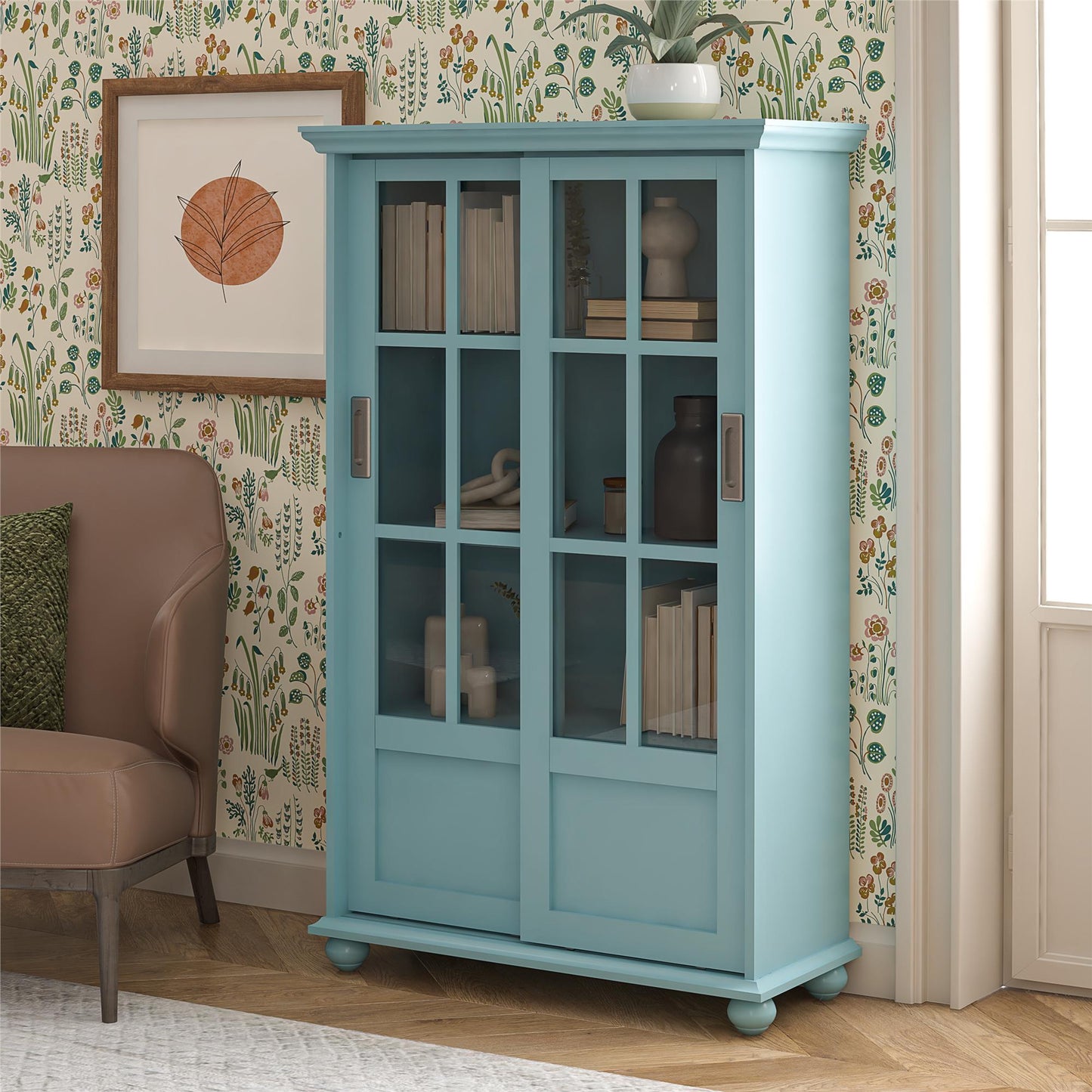 Aaron Lane Tall Bookcase with 2 Sliding Glass Doors - Sea Blue