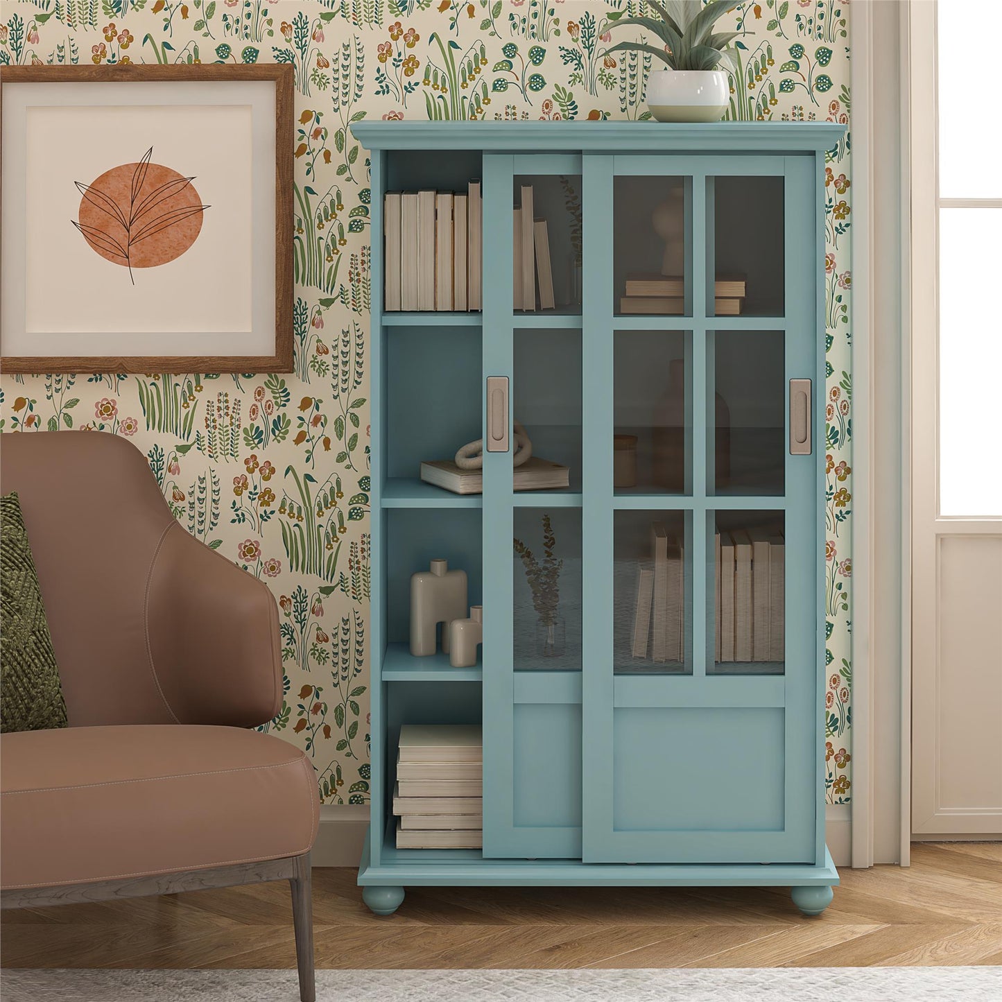Aaron Lane Tall Bookcase with 2 Sliding Glass Doors - Sea Blue