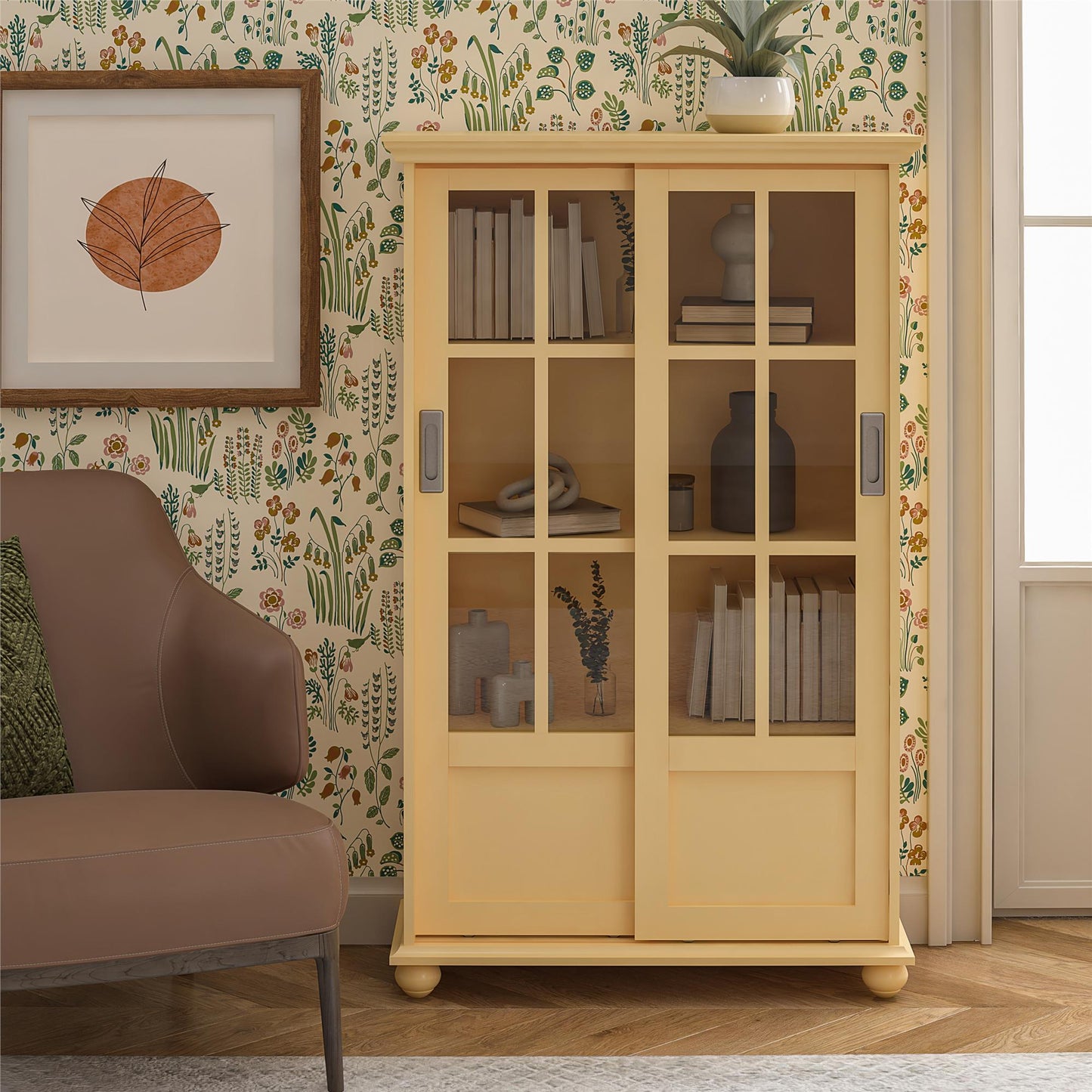 Aaron Lane Tall Bookcase with 2 Sliding Glass Doors - Sunlight Yellow