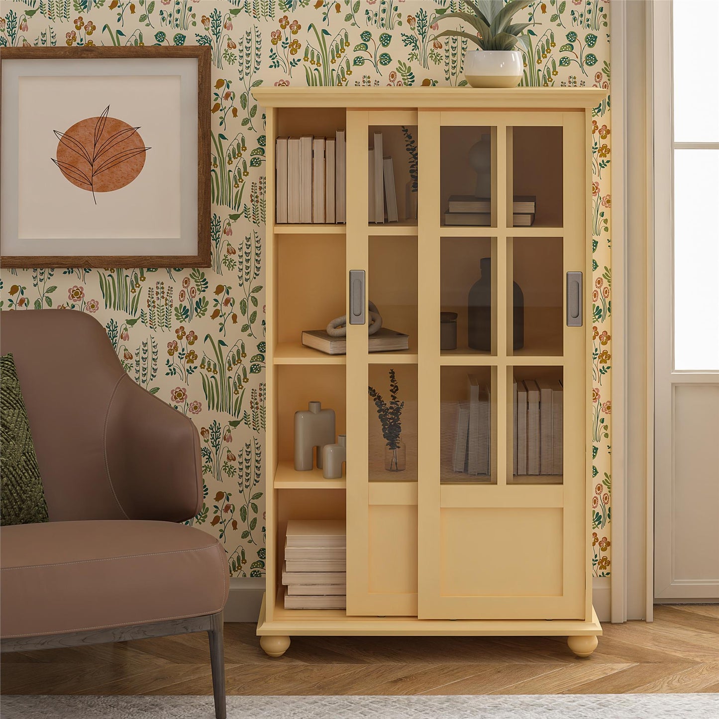 Aaron Lane Tall Bookcase with 2 Sliding Glass Doors - Sunlight Yellow
