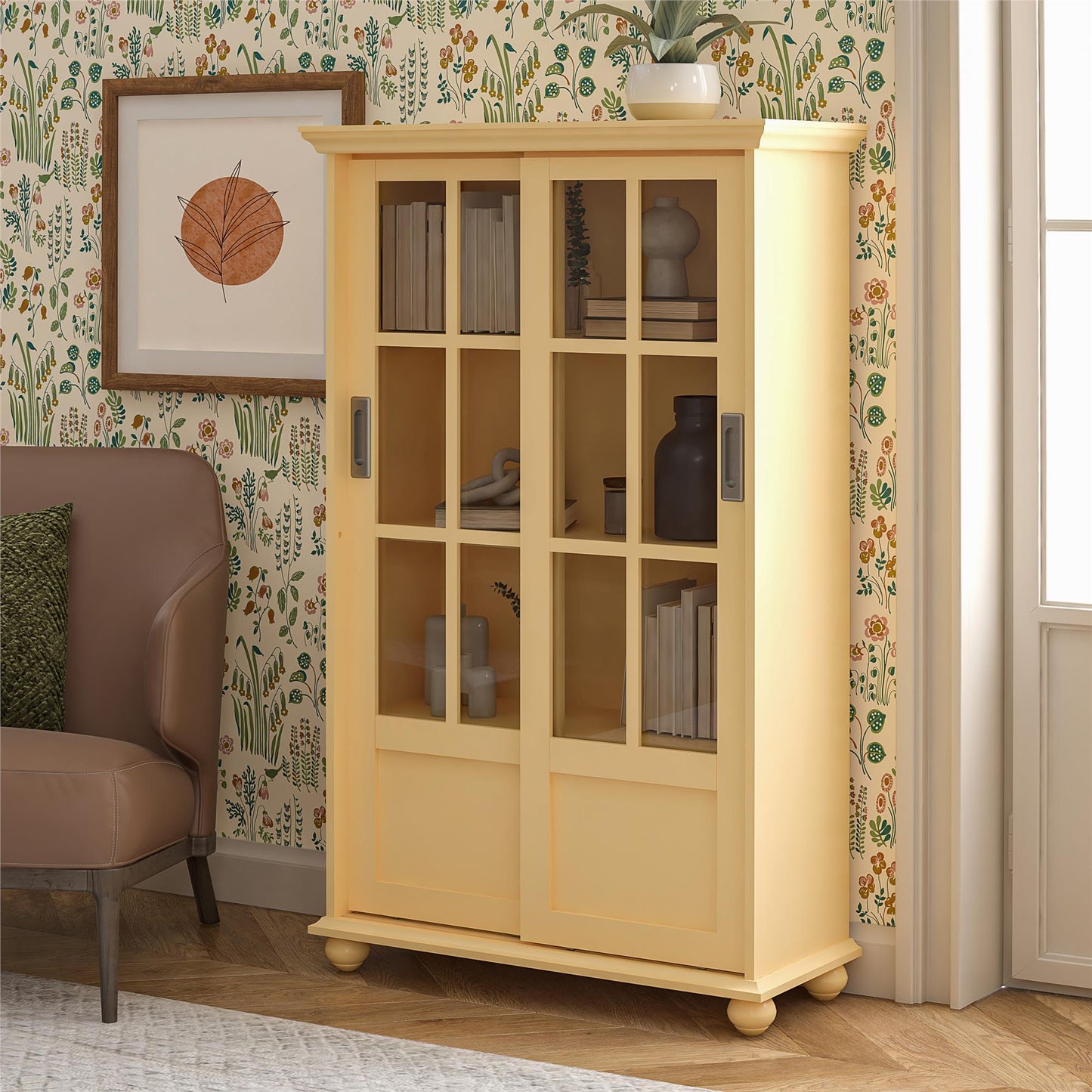Aaron Lane Tall Bookcase with 2 Sliding Glass Doors - Sunlight Yellow