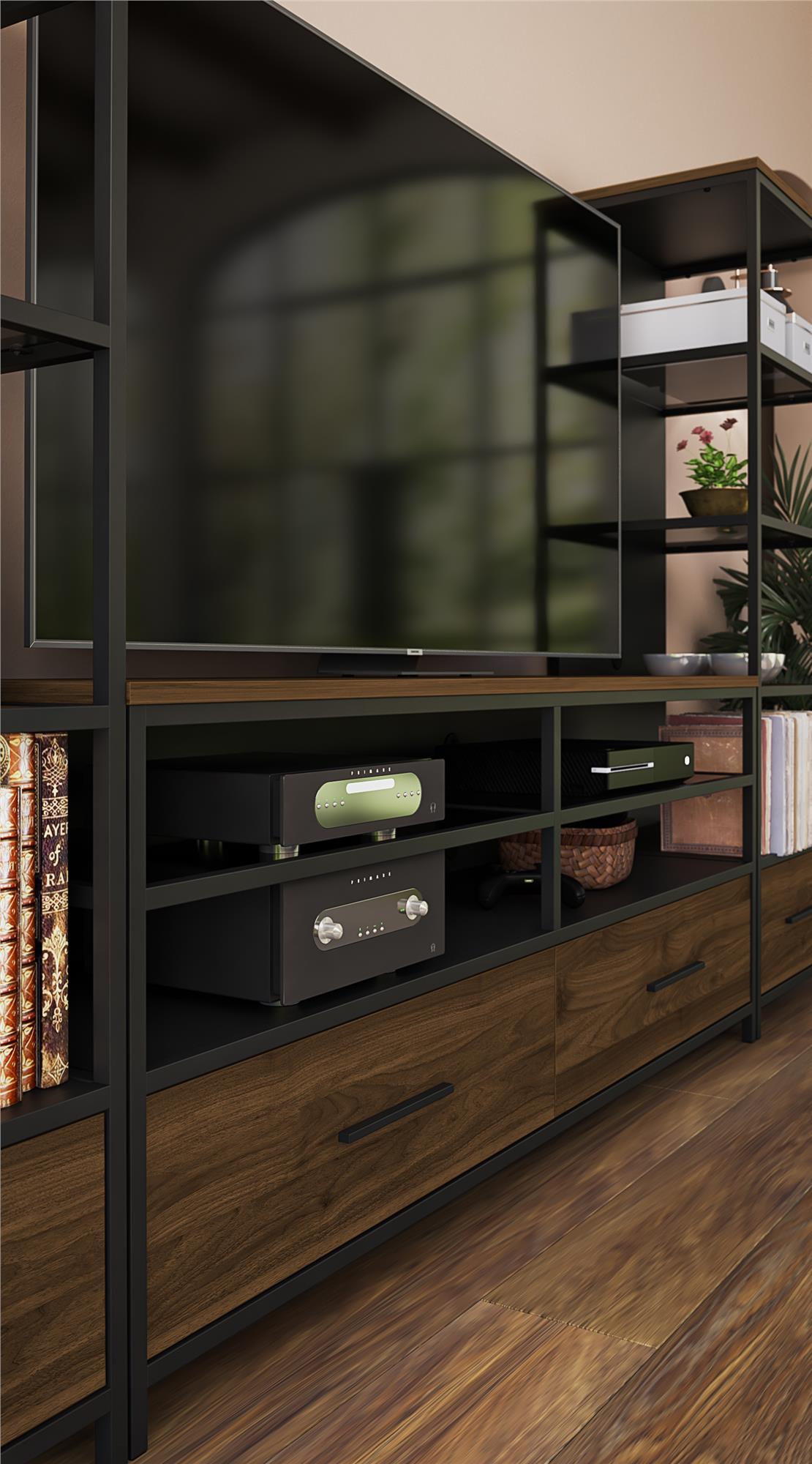Structure Mixed Media TV Stand with 4 Shelves and 2 Drawers for TVs up to 60 Inches - Columbia Walnut