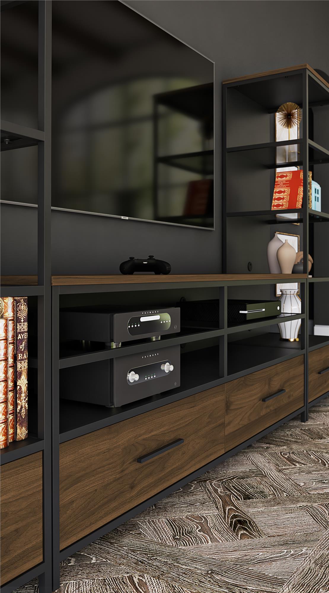 Structure Mixed Media TV Stand with 4 Shelves and 2 Drawers for TVs up to 60 Inches - Columbia Walnut