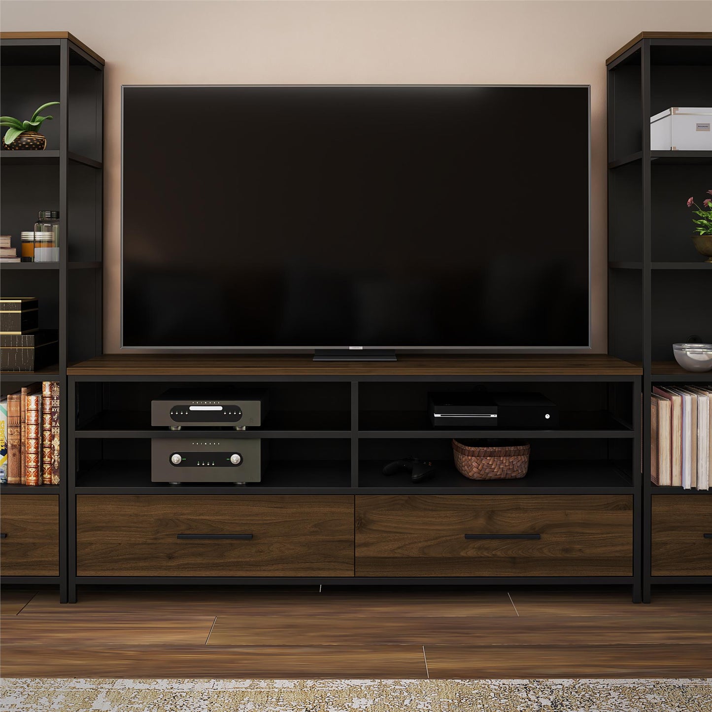 Structure Mixed Media TV Stand with 4 Shelves and 2 Drawers for TVs up to 60 Inches - Columbia Walnut