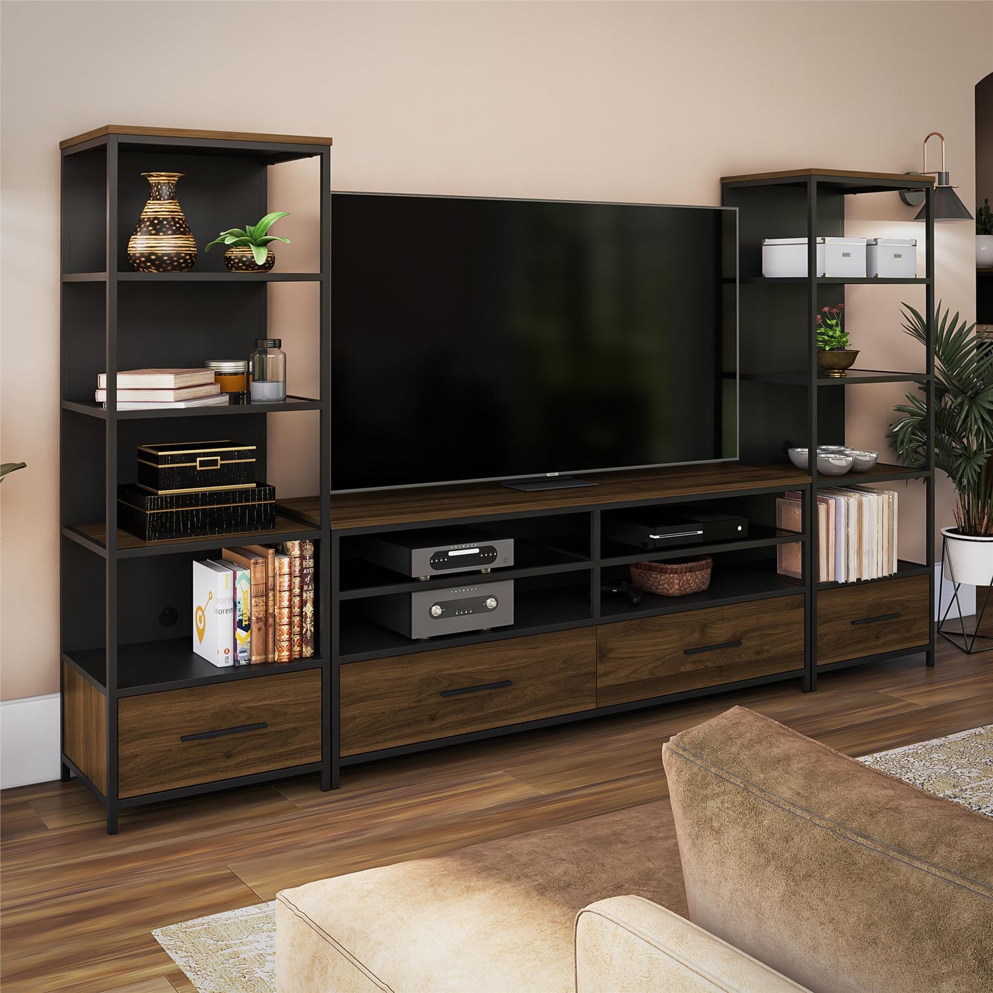 Structure Mixed Media TV Stand with 4 Shelves and 2 Drawers for TVs up to 60 Inches - Columbia Walnut