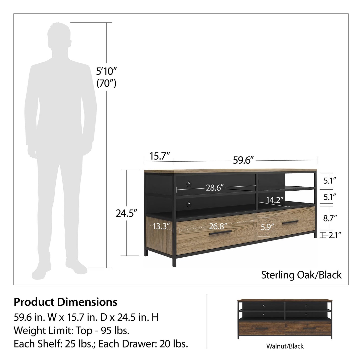 Structure Mixed Media TV Stand with 4 Shelves and 2 Drawers for TVs up to 60 Inches - Columbia Walnut