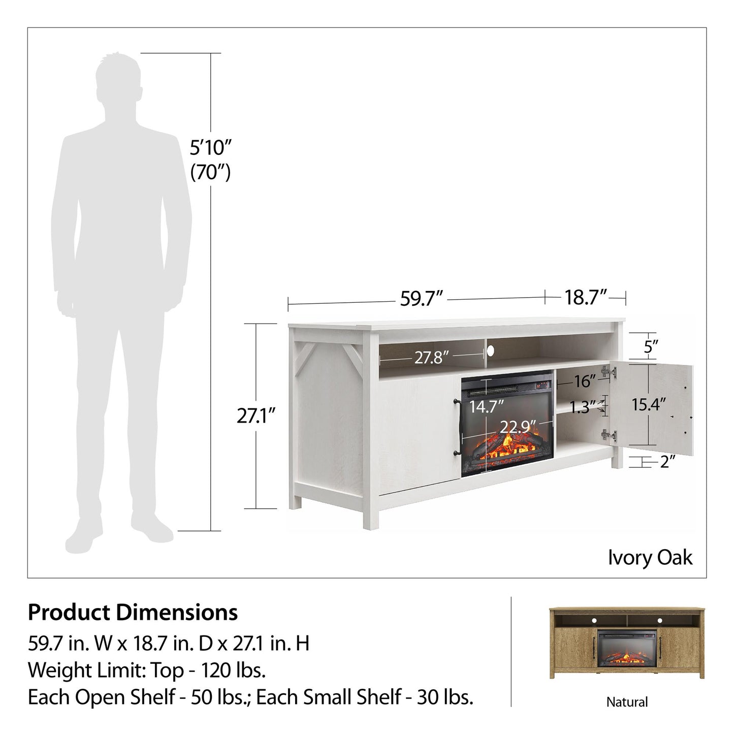 Augusta Electric Fireplace and TV Console for TVs up to 65 Inches - Ivory Oak