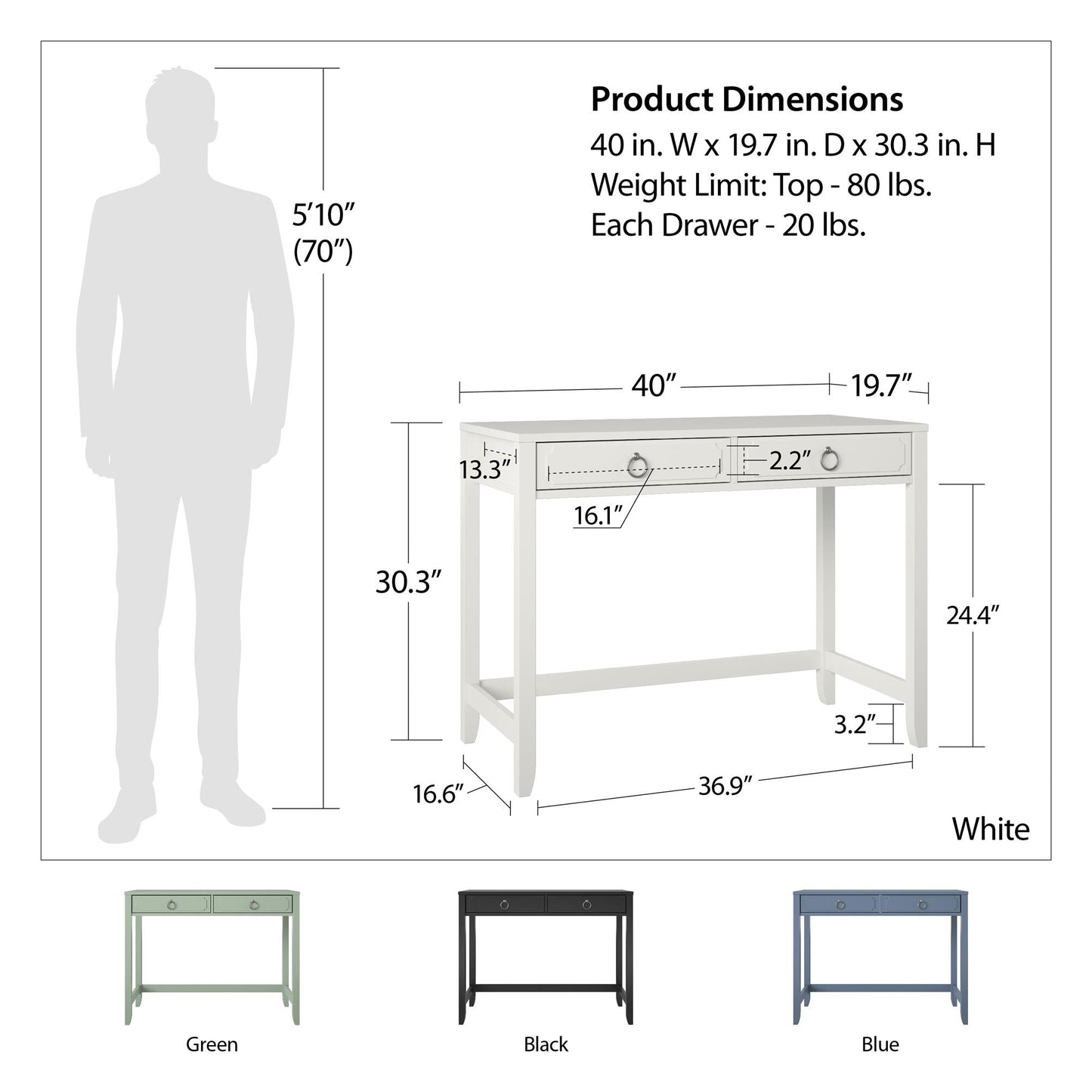 Her Majesty 2 Drawer Writing Desk, Blue - Blue