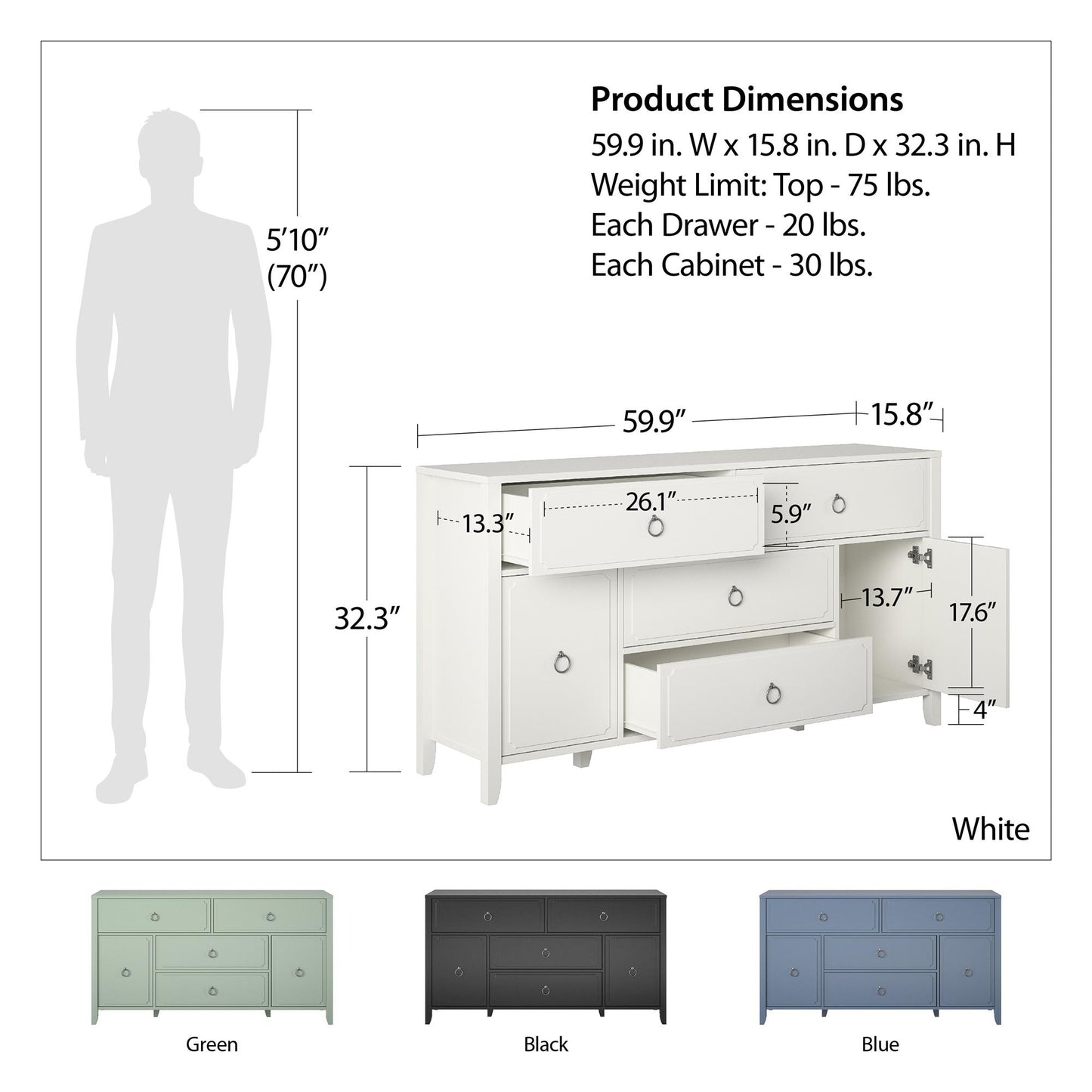 Her Majesty 4 Drawer/2 Door Wide Dresser, Black - Black