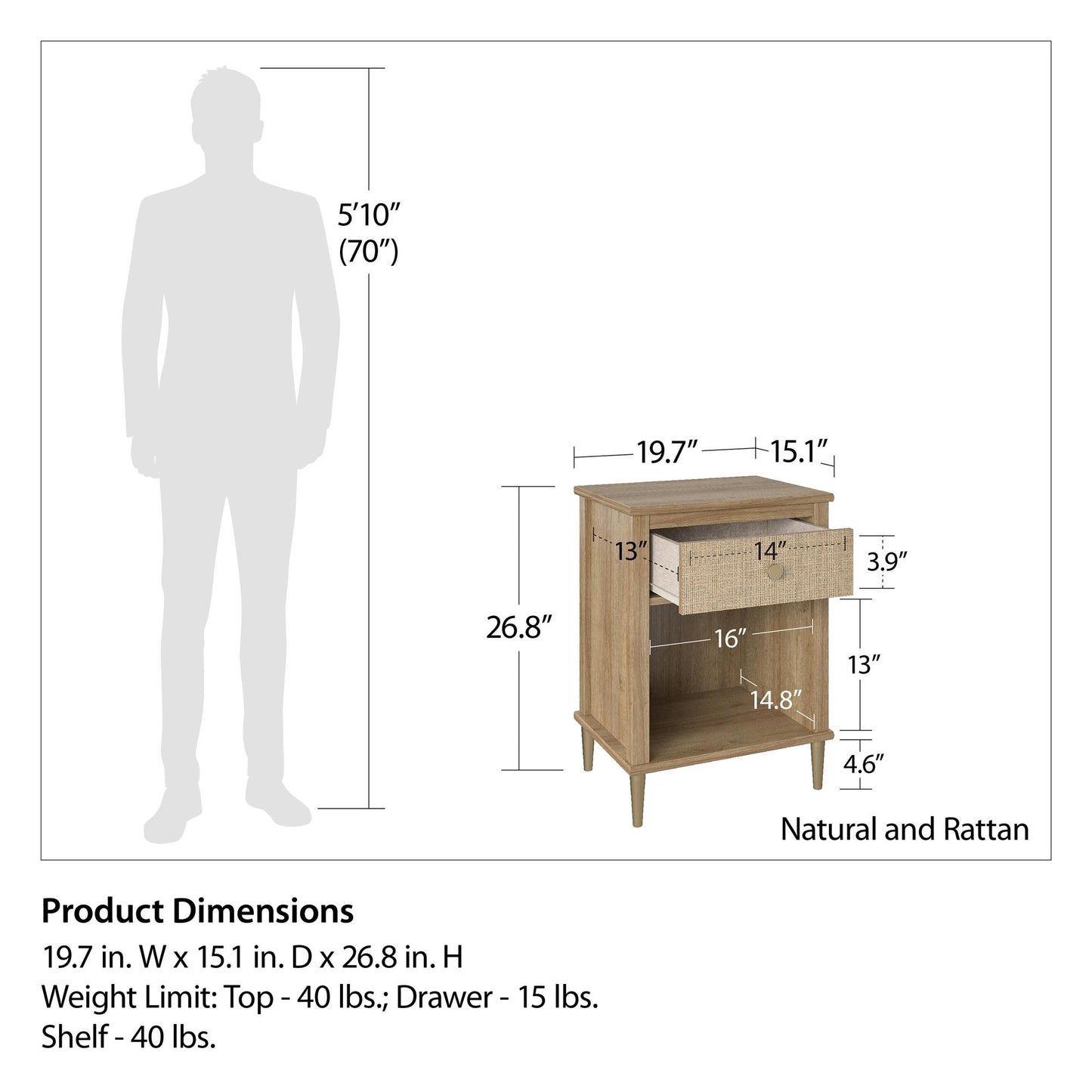 Shiloh Faux Rattan Nightstand with Drawer and Lower Shelf - Natural