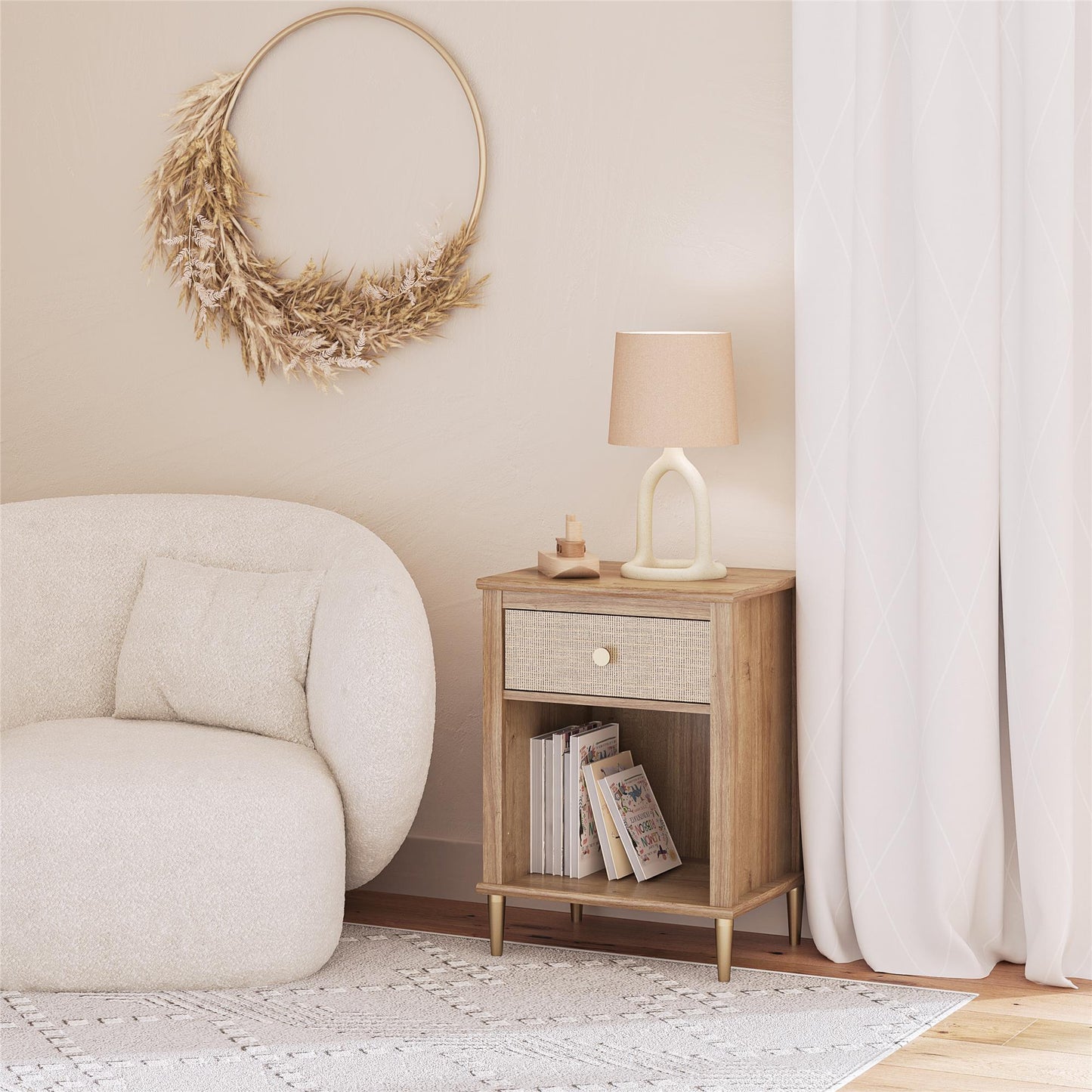 Shiloh Faux Rattan Nightstand with Drawer and Lower Shelf - Natural
