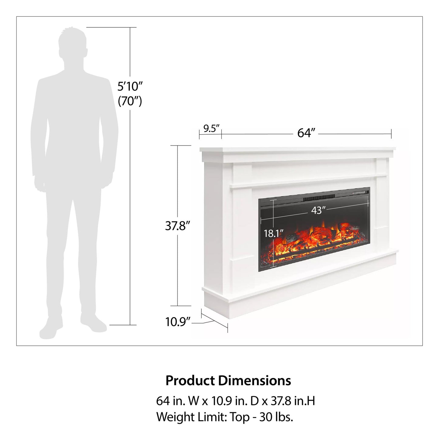 Elmcroft Wide Mantel with 43" Linear Fireplace Insert - White