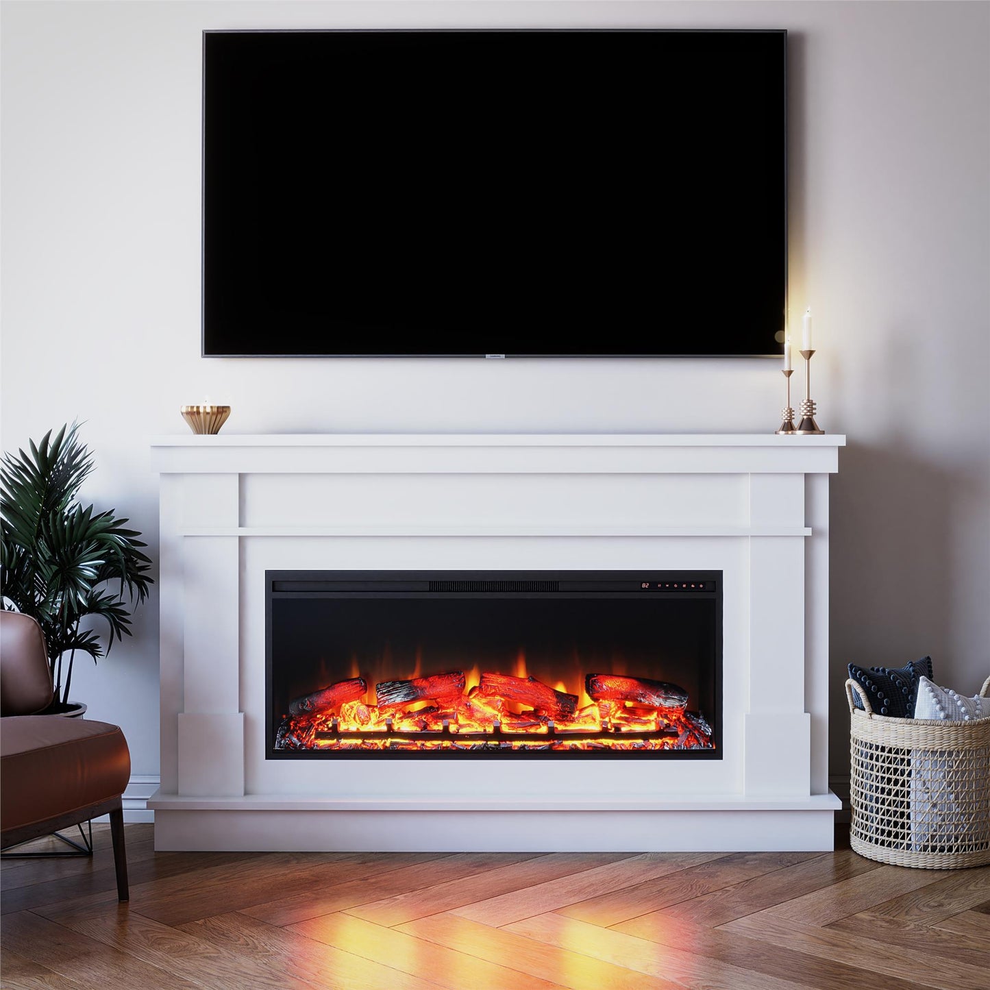 Elmcroft Wide Mantel with 43" Linear Fireplace Insert - White