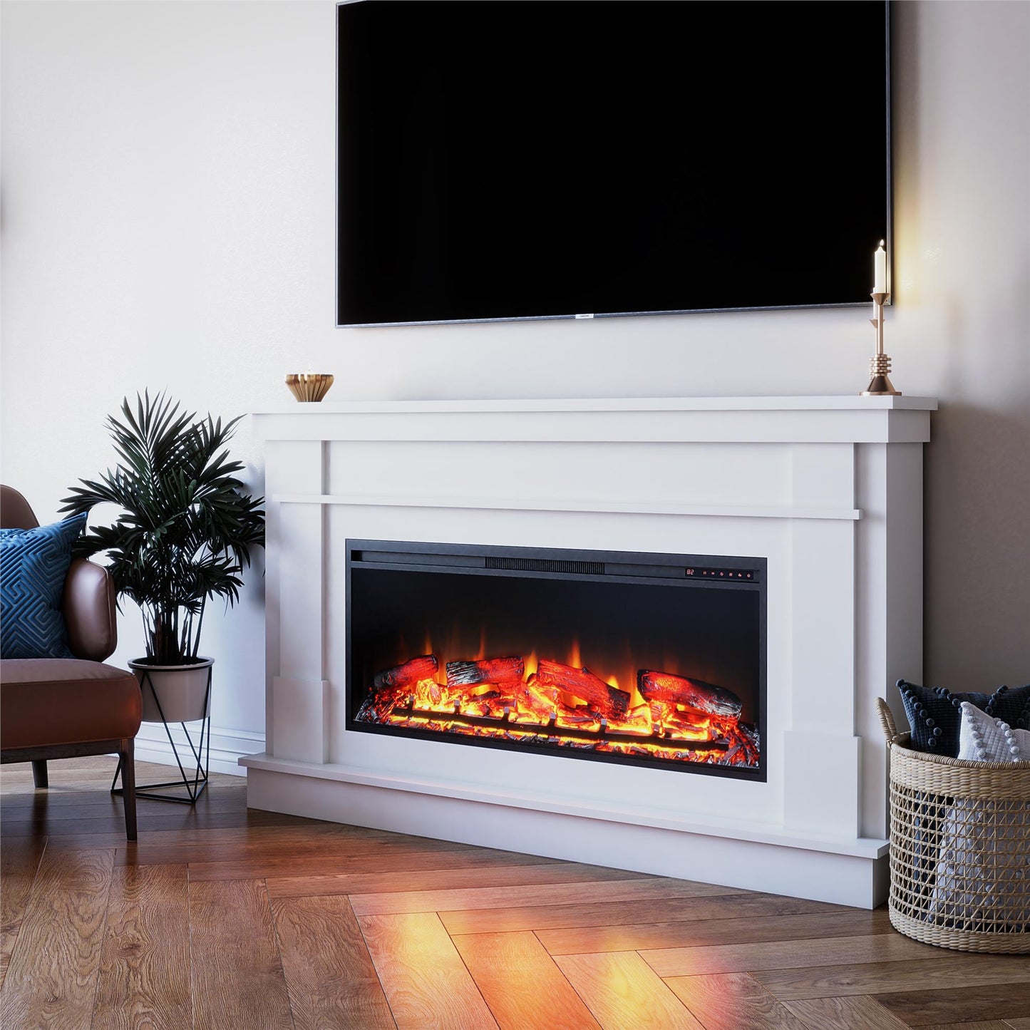 Elmcroft Wide Mantel with 43" Linear Fireplace Insert - White