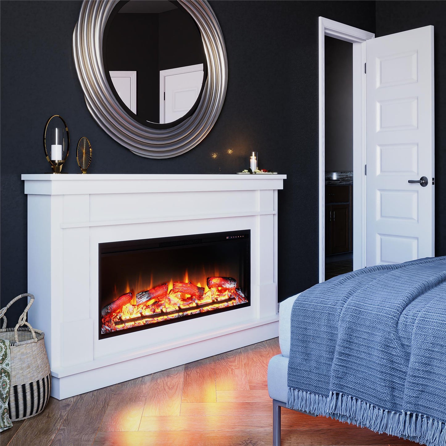 Elmcroft Wide Mantel with 43" Linear Fireplace Insert - White