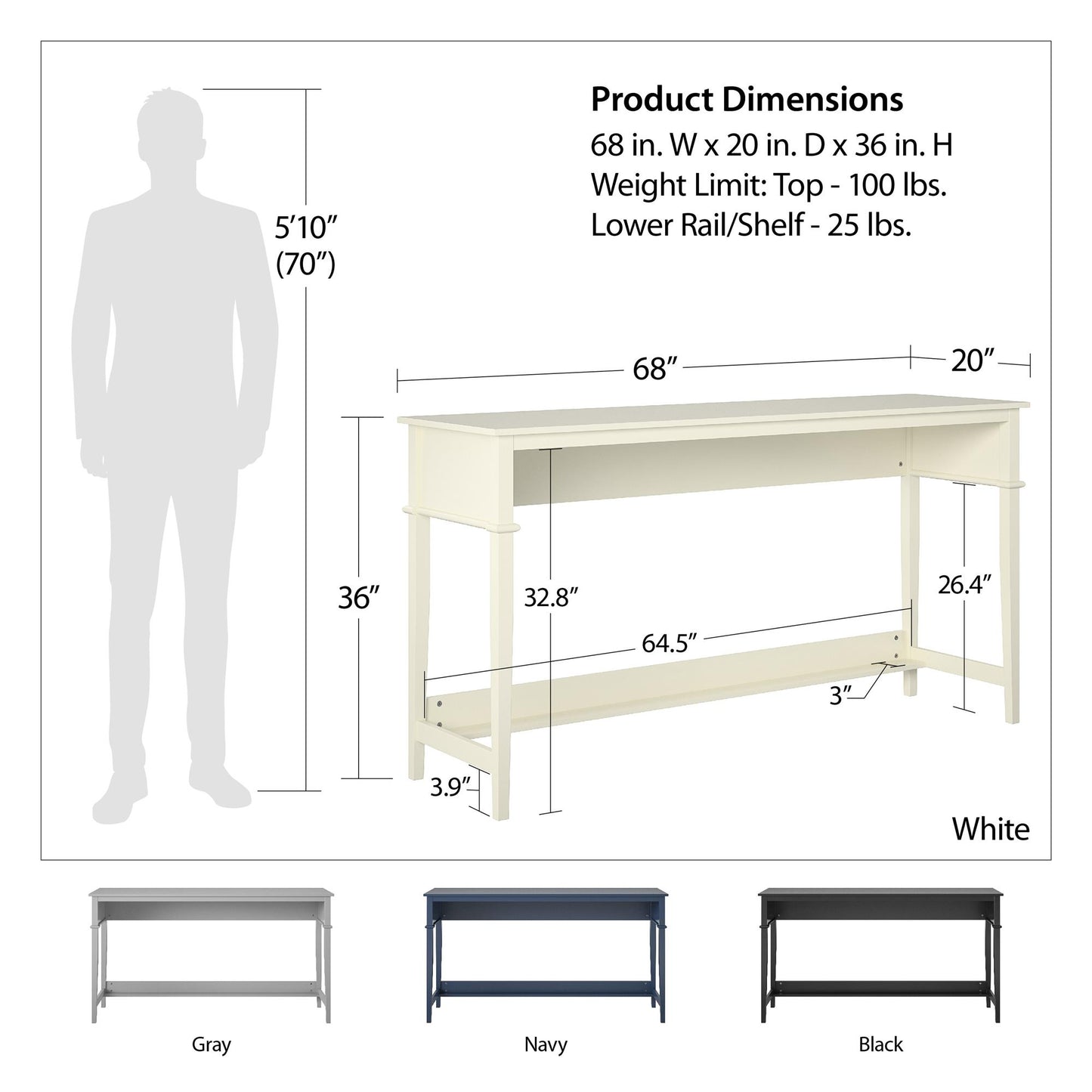 Franklin Painted Sofa Table / Extra Wide Desk with Foot Rest - White