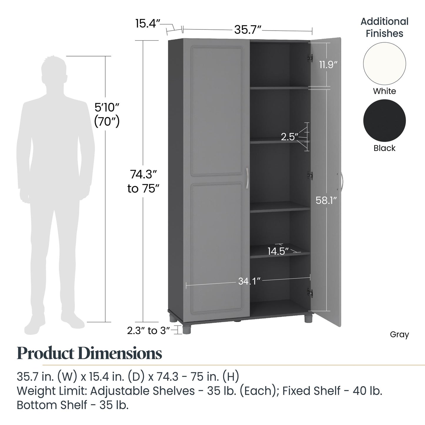 Kendall 36 Inch Multipurpose Storage Cabinet - Gray