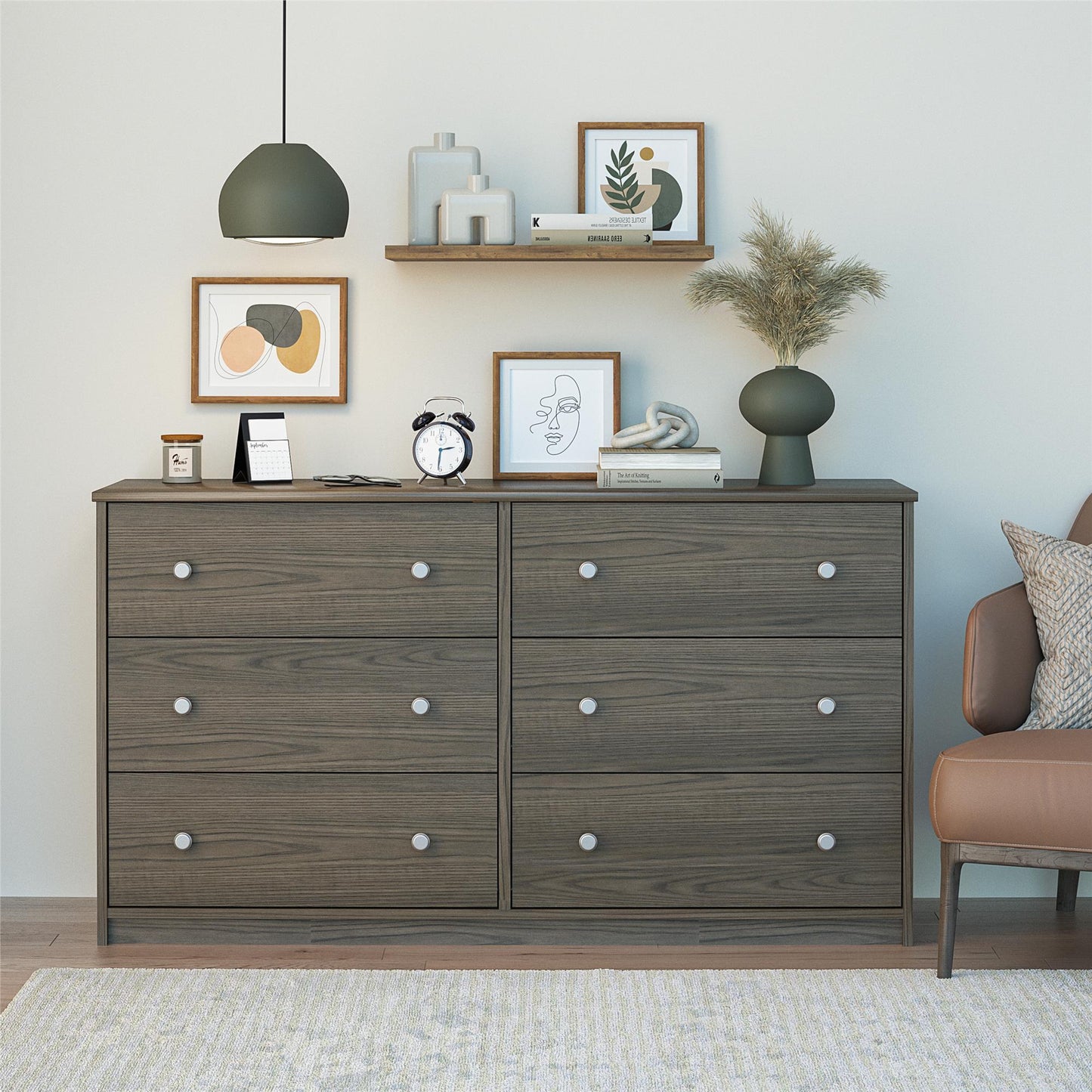 Ellwyn 6 Drawer Wide Dresser with Included Wall Anchor Kit - Brown Stanton Ash
