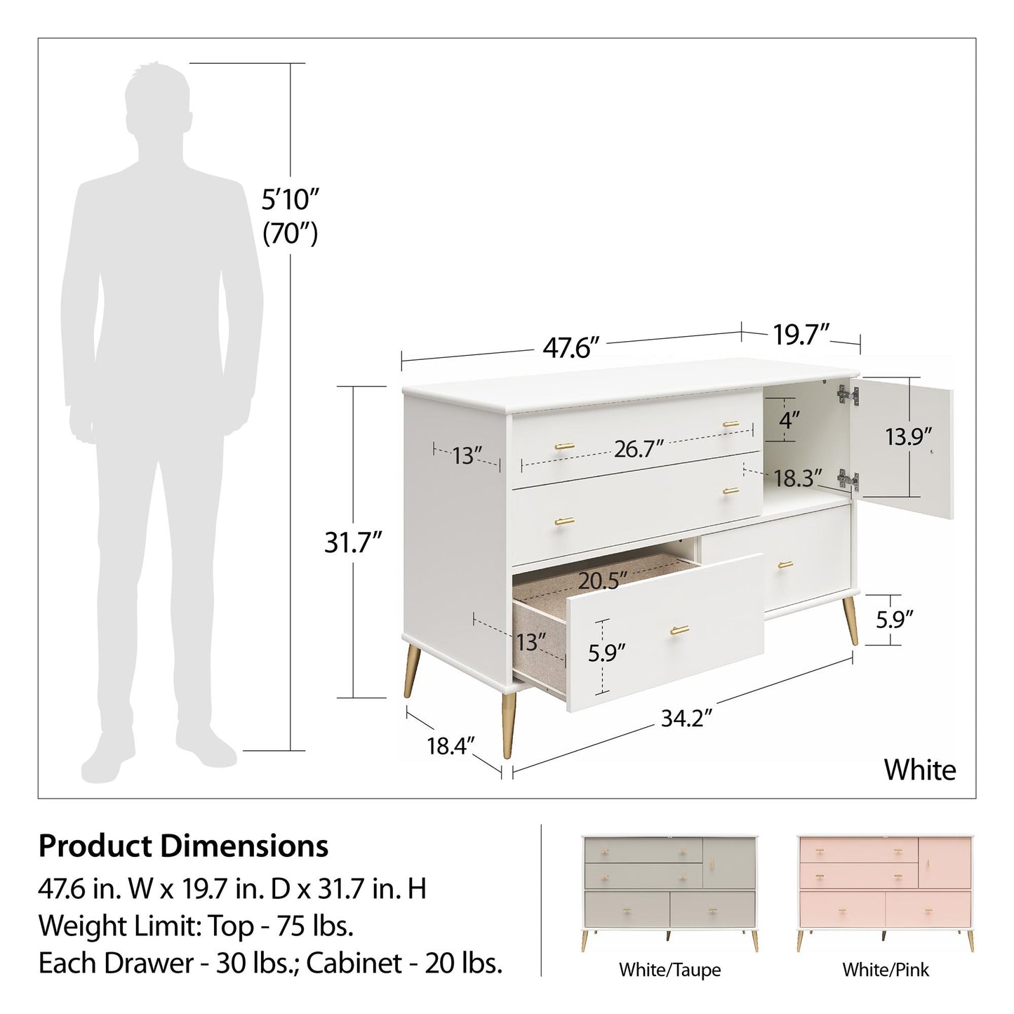 Little Seeds Valentina Asymmetrical 4 Drawer / 1 Door Convertible Dresser - Pale Pink